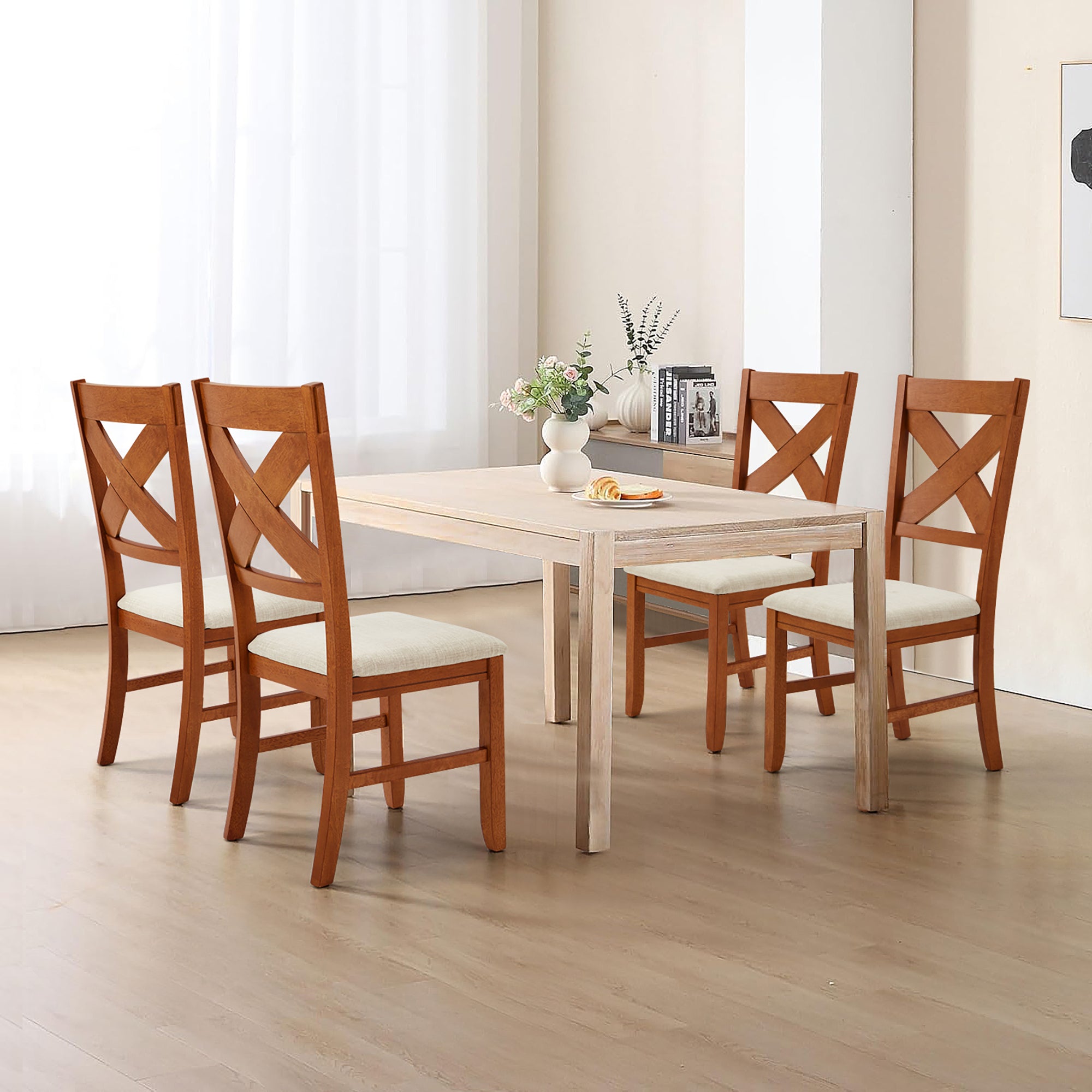 Rustic Farmhouse 19" Upholstered Barstool, Solid Wood Dining Chairs Set of 2 for Kitchen and Dining Room, Natural Oak Wood
