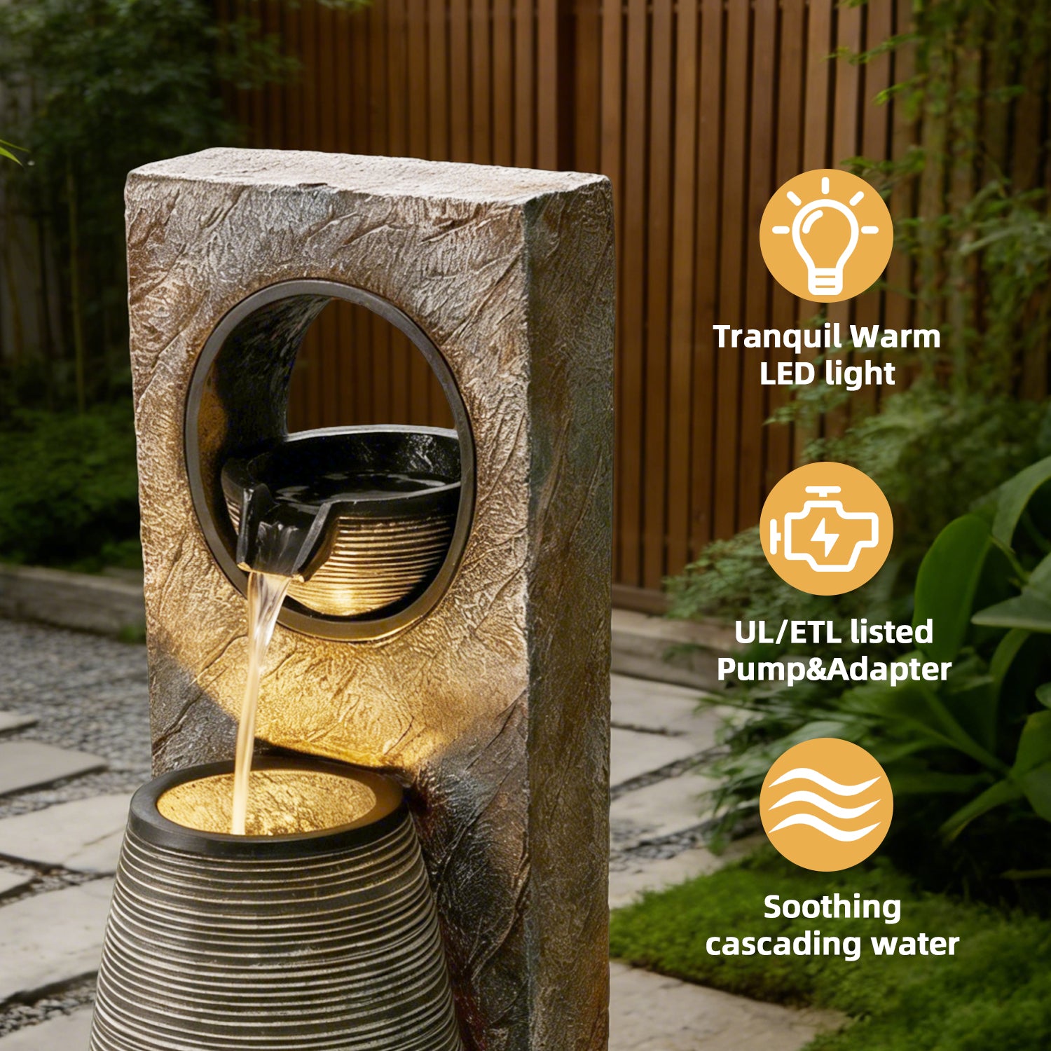 HOMREST 39.7" Water Fountain Outdoor with LED Lights – Resin Garden Fountain for Patio, Poolside, Deck & Indoor Use – Calming Flowing Water Sound for Relaxation – Easy Assembly