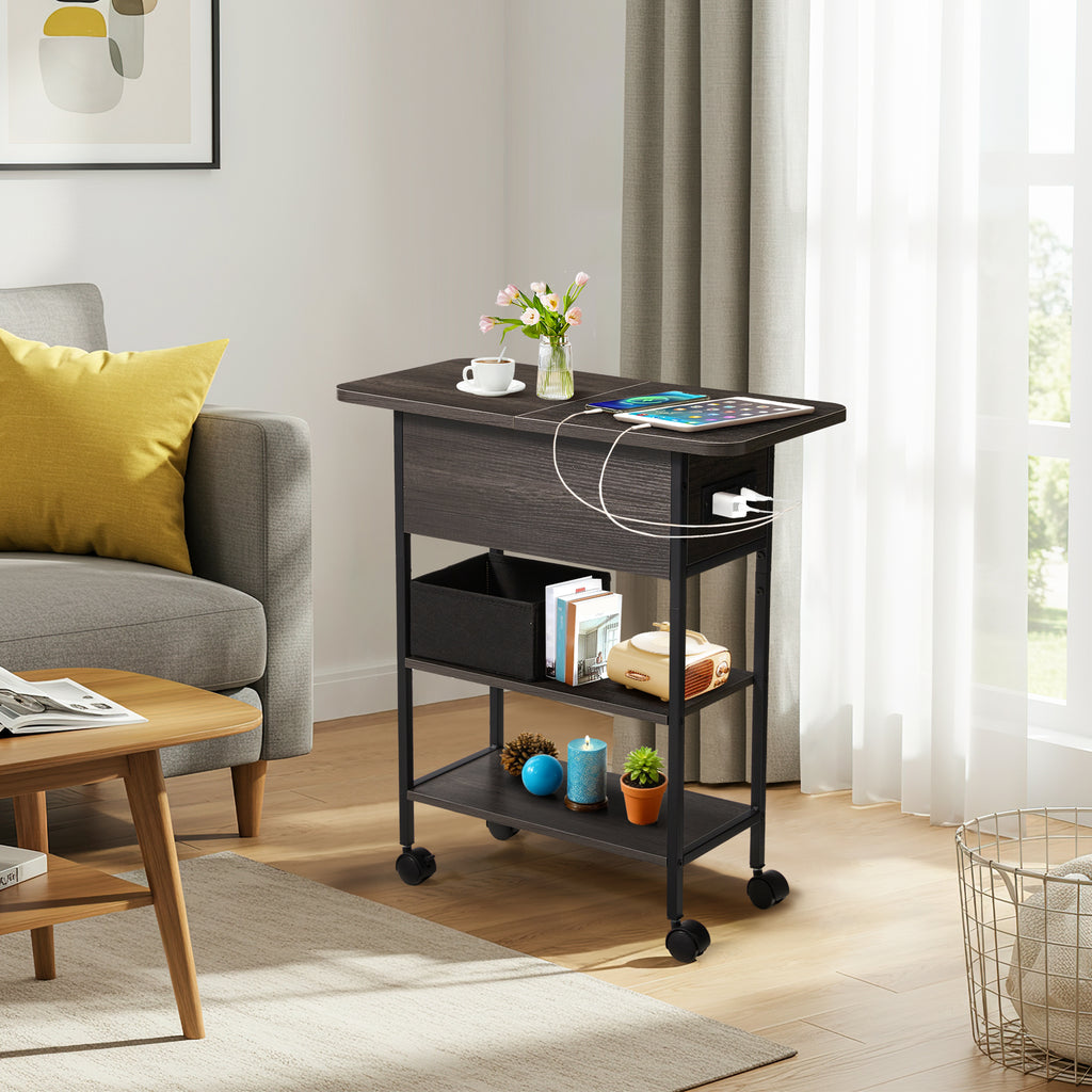 HOMREST Multi-Functional Flip Side Table, 360° Swivel Wheels & Storage Shelf for Living Room/Bedroom, Rustic Brown Wood End Table, Gray