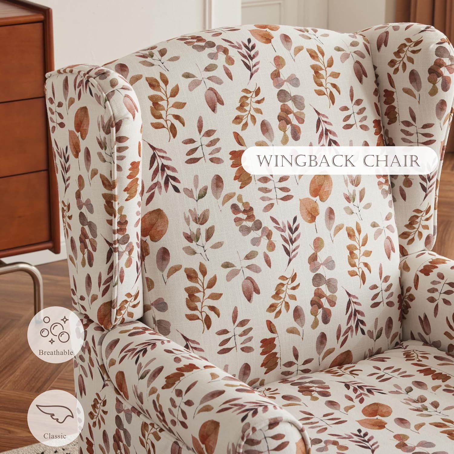 HOMREST Fabric Accent Chair, Modern Upholstered Armchair, Orange Leaves