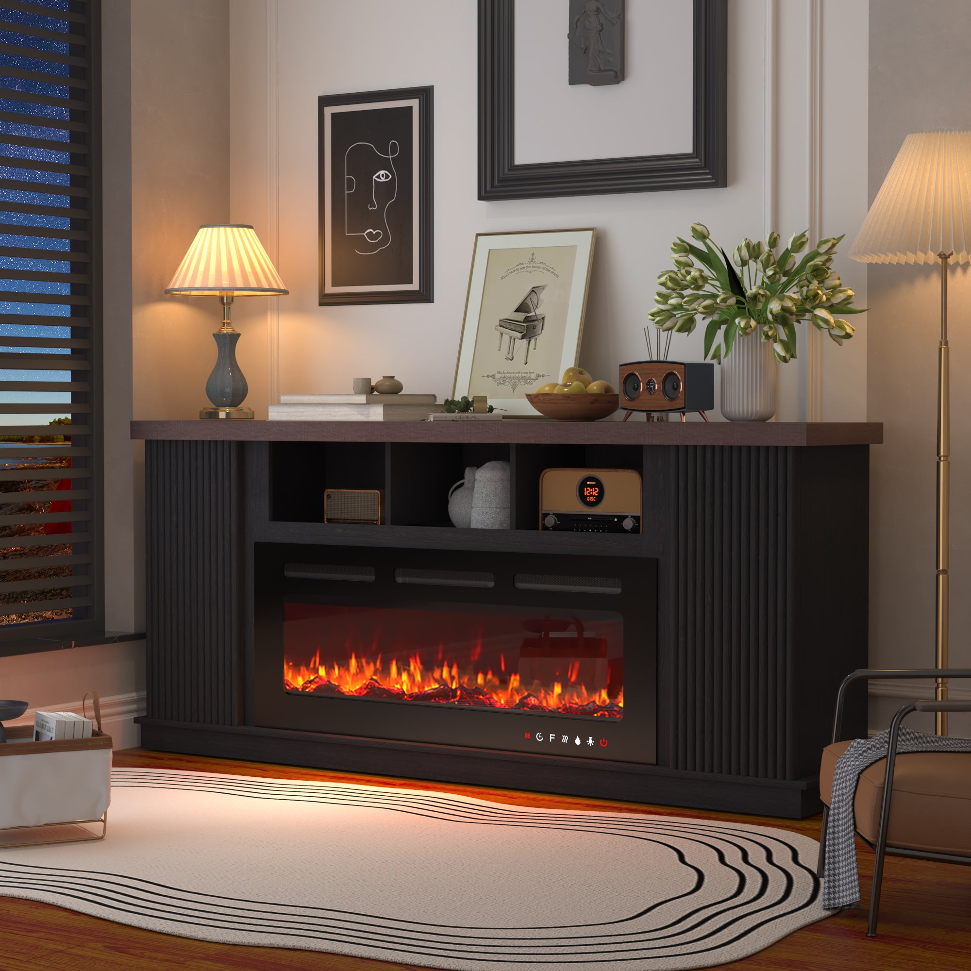 HOMREST 70" TV Stand with Electric Fireplace,Living Room Fireplace TV Stand, Dark Walnut Color