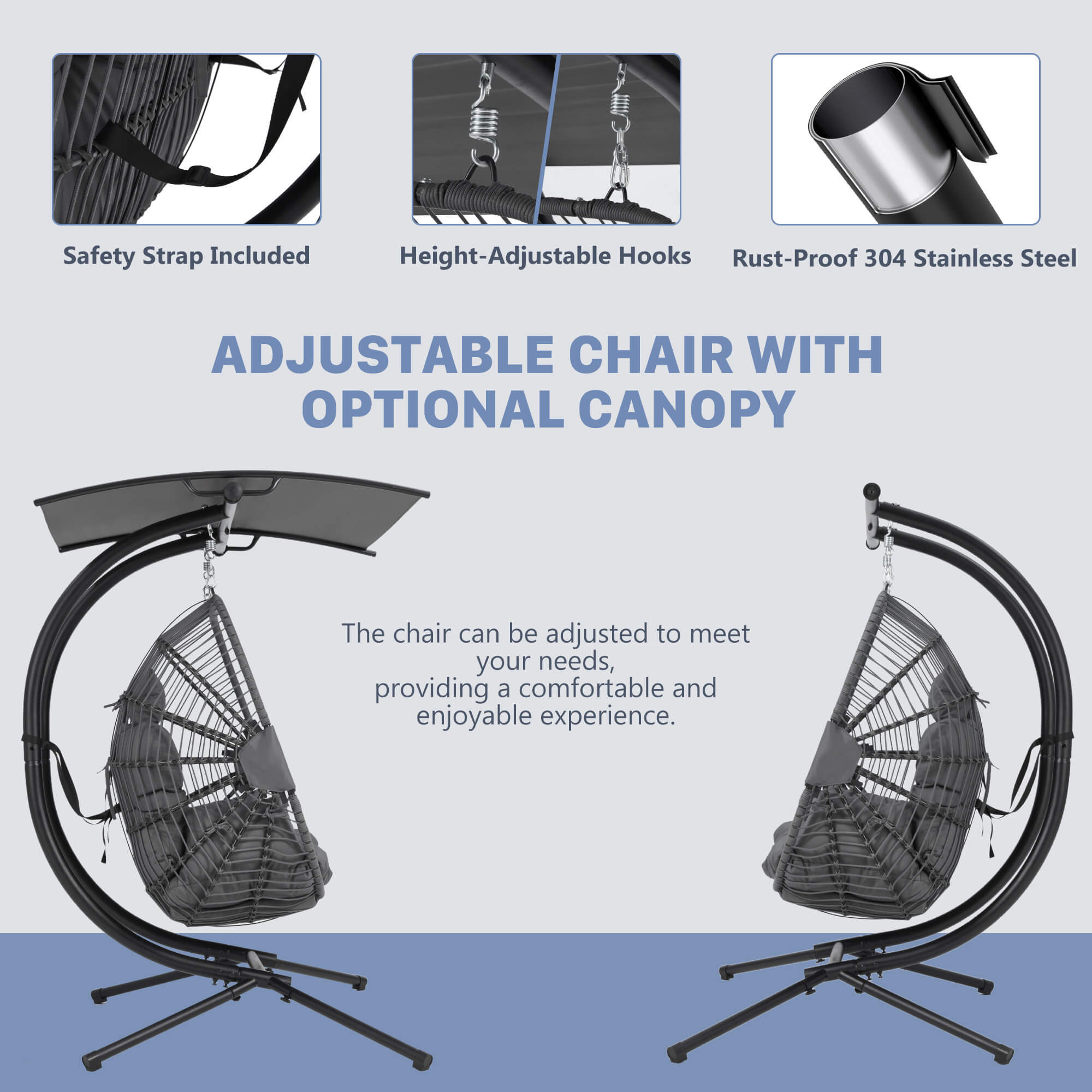 HOMREST Double Hanging Egg Chair with Stand, Wicker Loveseat Swing with Extra Cushion, Gray