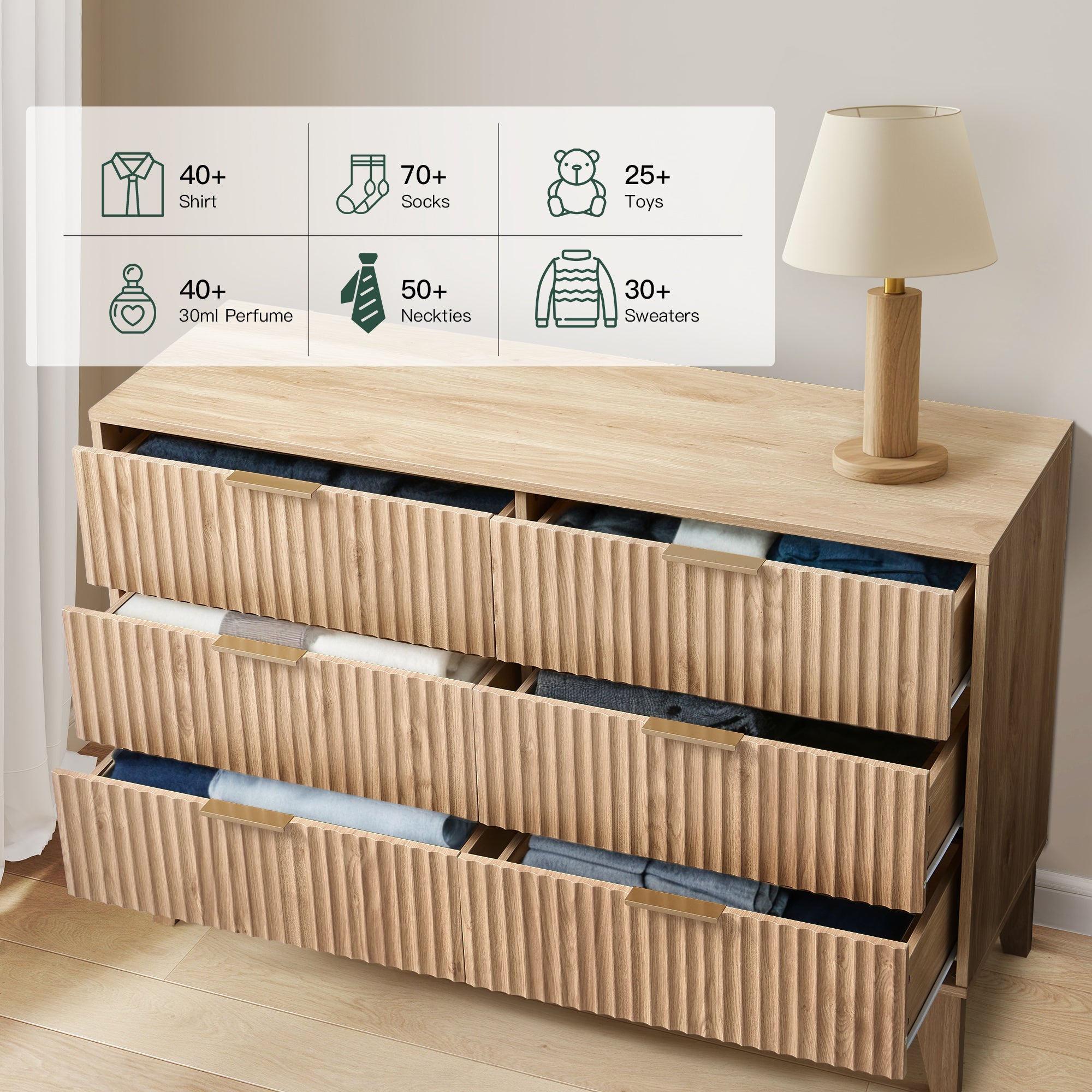 HOMREST Fluted Dresser for Bedroom, 6 Drawer Modern Dresser, Wide Modern Chest of Drawers with Metal Handle, Mid Century Modern Dresser, Natural Wood