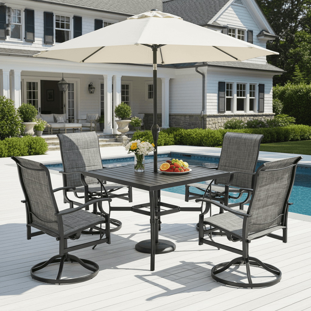 HOMREST 5-Piece Patio Furniture Set Outdoor Dining Table & Chairs with Umbrella Hole, 360° Swivel Rocking Chair, Gray