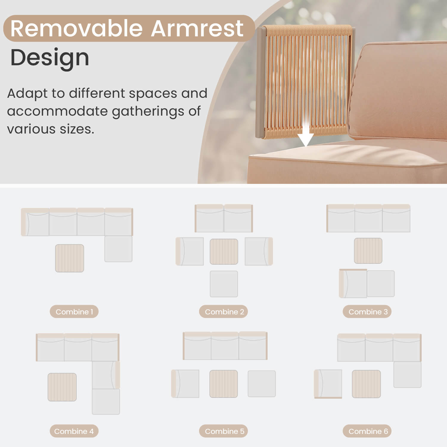 HOMREST 6-Piece Aluminum Outdoor Sectional Sofa Set with Ottoman, Cushions & Coffee Table, Beige