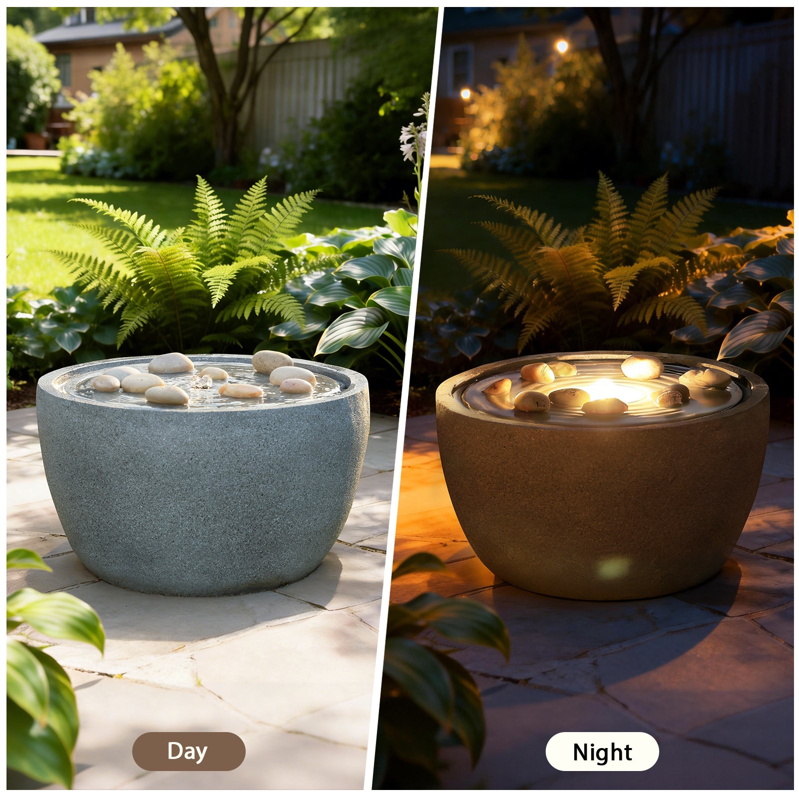 HOMREST 10.6"Tall Outdoor Water Fountain - Resin Garden Water Feature with LED Lights Effect for Patio Deck Yard Home,Gray