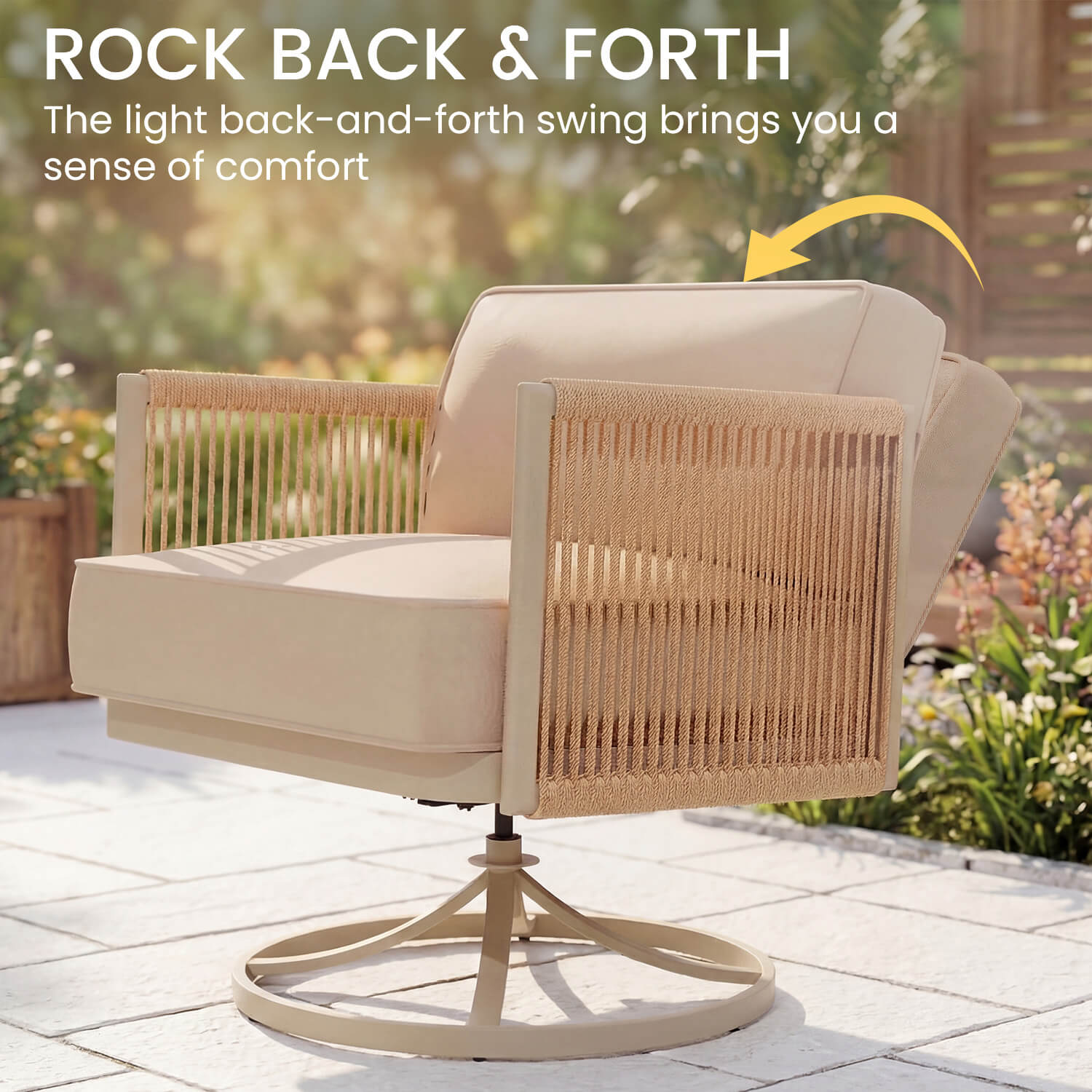 HOMREST 5 Seats Patio Furniture Set,Outdoor Swivel Glider Rocking Chairs with 6" Thick Cushions, 3-seat & Coffee Table, Beige