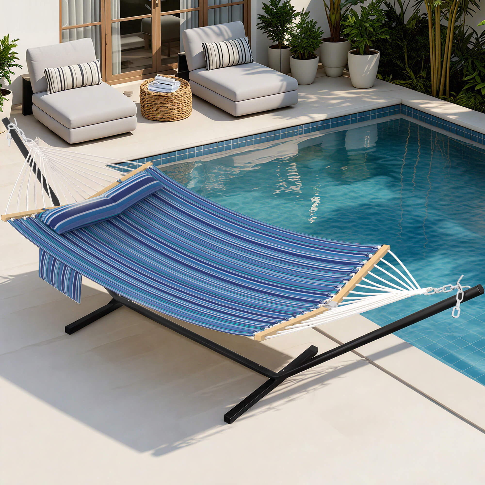 HOMREST Modern Rope Hammock with Stand, Portable Outdoor Hammock for Backyard, Beach & Camping, Blue Stripes