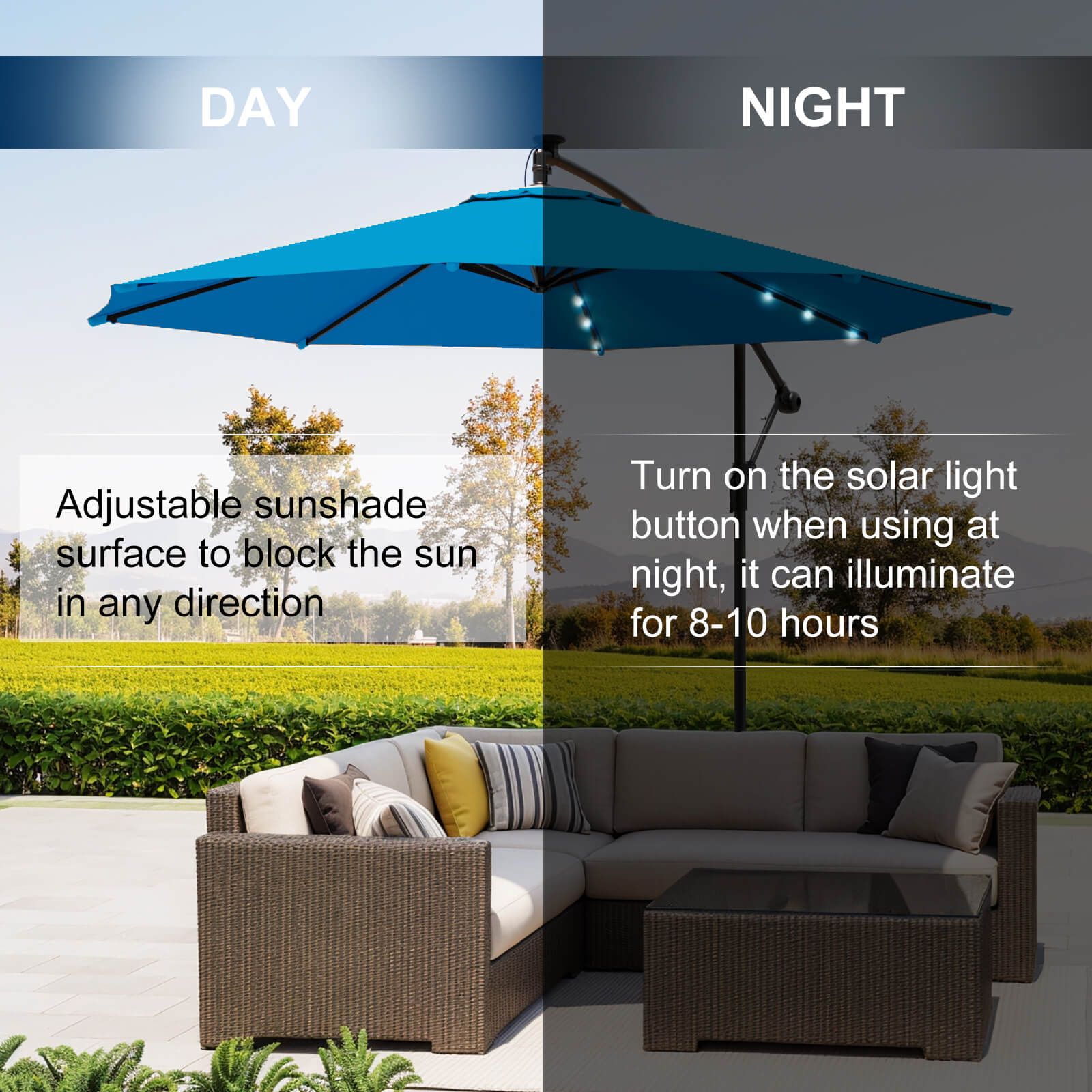 Homrest 10ft Solar Lighted Patio Umbrella, Infinite Tilt, Crank and Cross Base, Rolay Blue