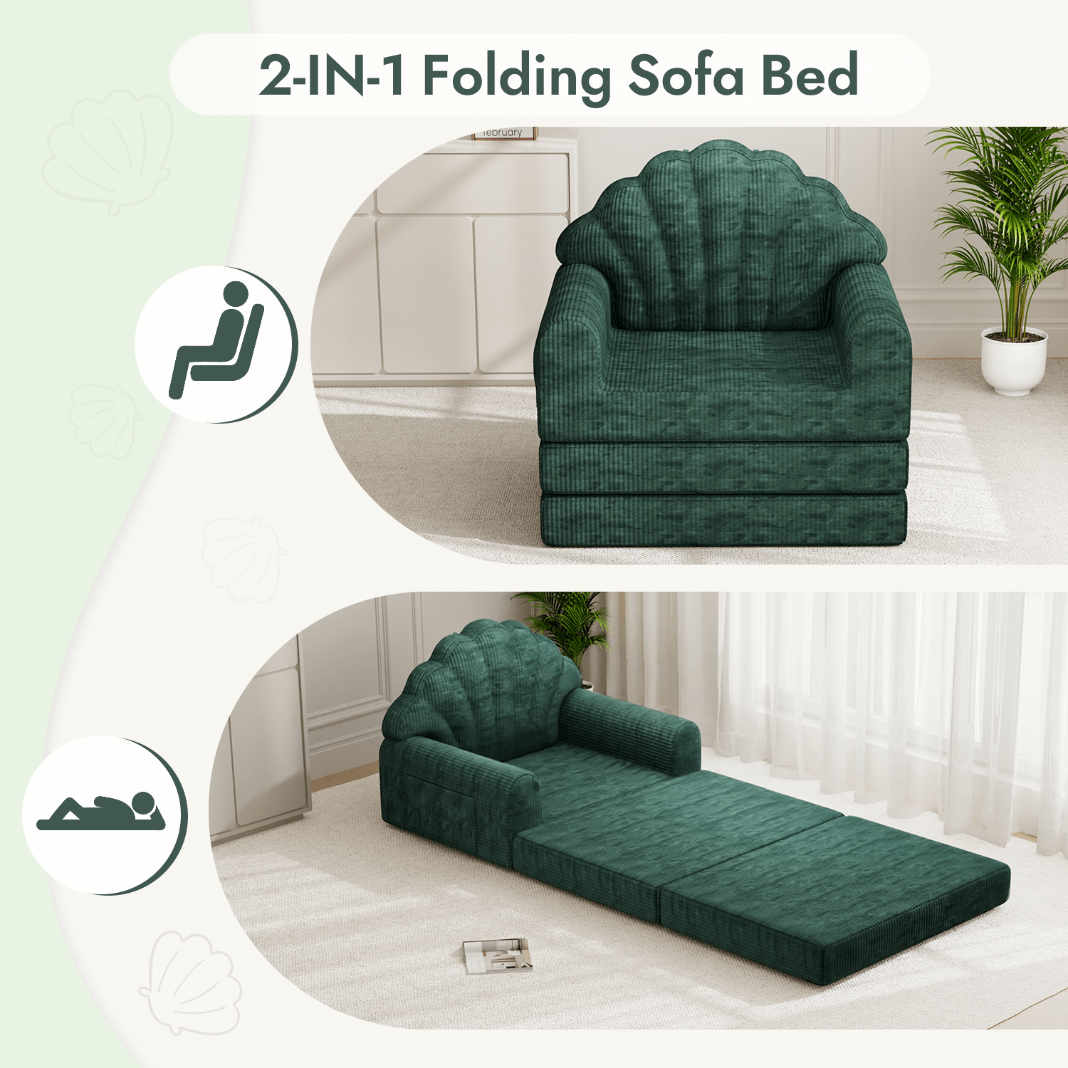 HOMREST 2-in-1 Folding Sofa Bed with Back Support, 75" D x 34" W Convertible Futon Sleeper Chair for Living Room Bedroom Small Spaces, Olive Green