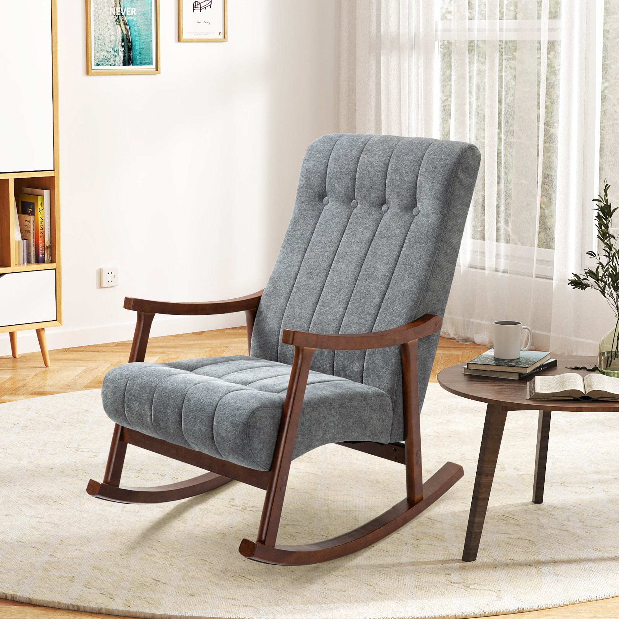 HOMREST Upholstered Rocking Chair with Fabric Padded Seat, Comfortable Rocker Solid Wood for Living Room, Modern High Back Armchair for Adult, Light Gray