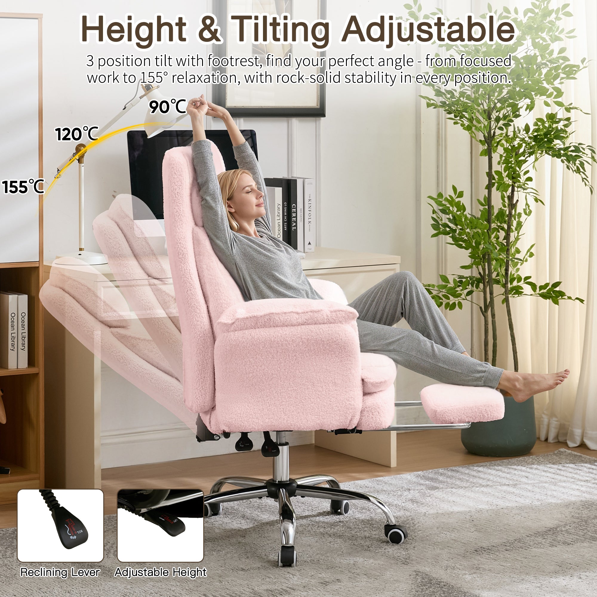 HOMREST Cloud Cross Legged Office Chair with Footrest,Leather Big and Tall Executive Ergonomic Chair,155° Reclining Computer Wide Desk Chair, Pink
