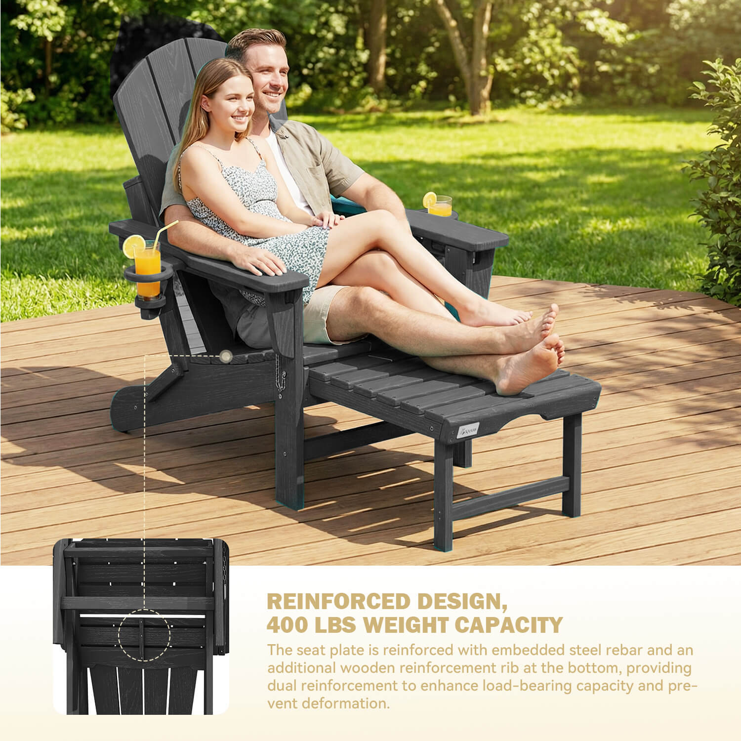 HOMREST 3-Level  Adjustable Adirondack Chair with Retractable Ottoman, Folding HDPE Outdoor Chair with Cup Holders, Black