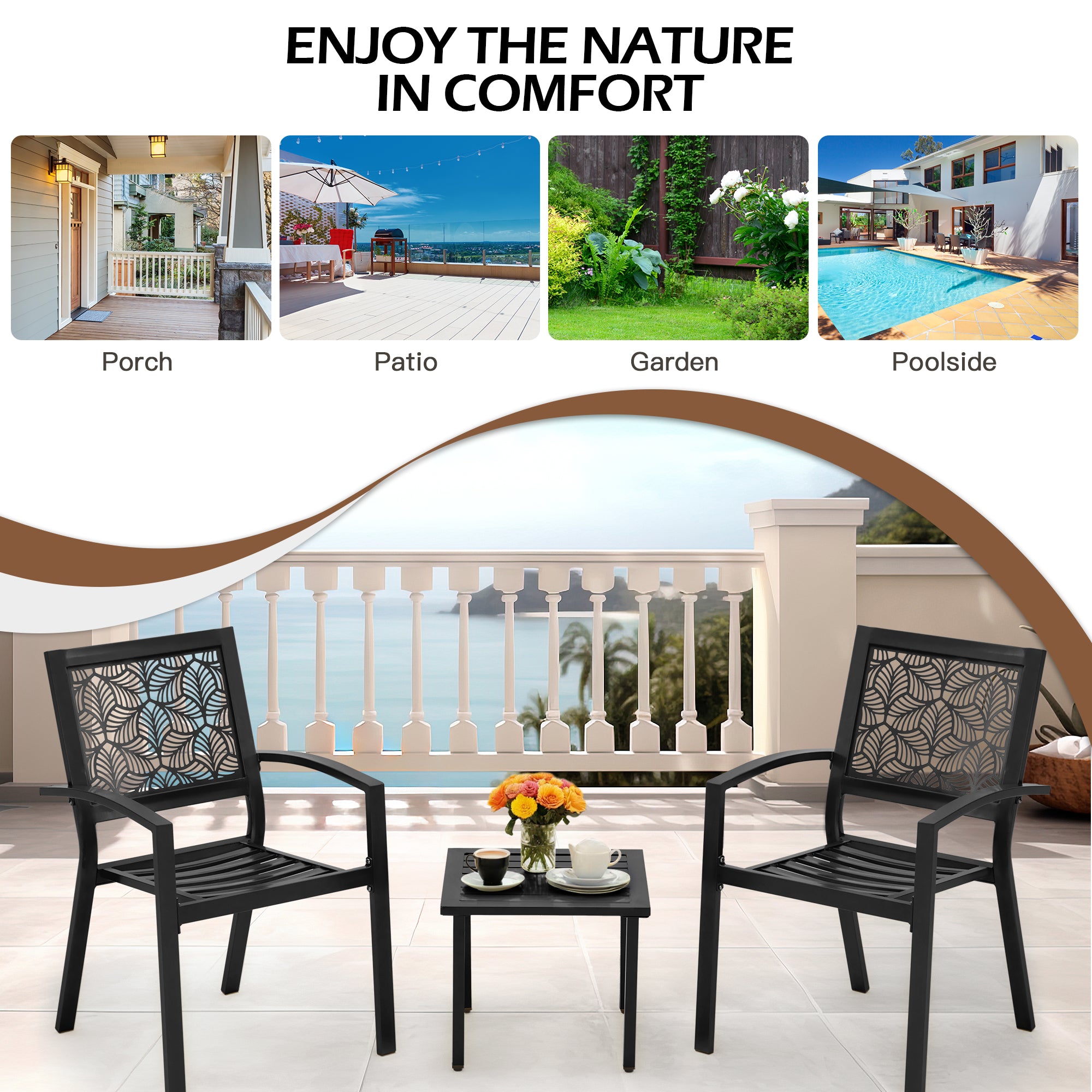 HOMREST 3-Piece Outdoor Bistro Set – Metal Chairs & Table, Black
