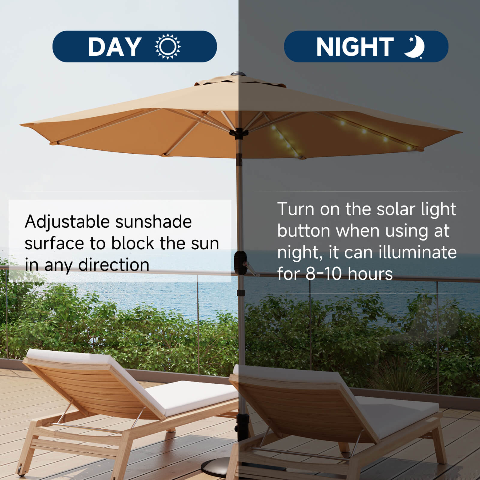 Homrest 10FT Solar Lighted Patio Umbrella, Fade-Resistant Outdoor Umbrella with Tilt, 8 Aluminum Ribs Beige