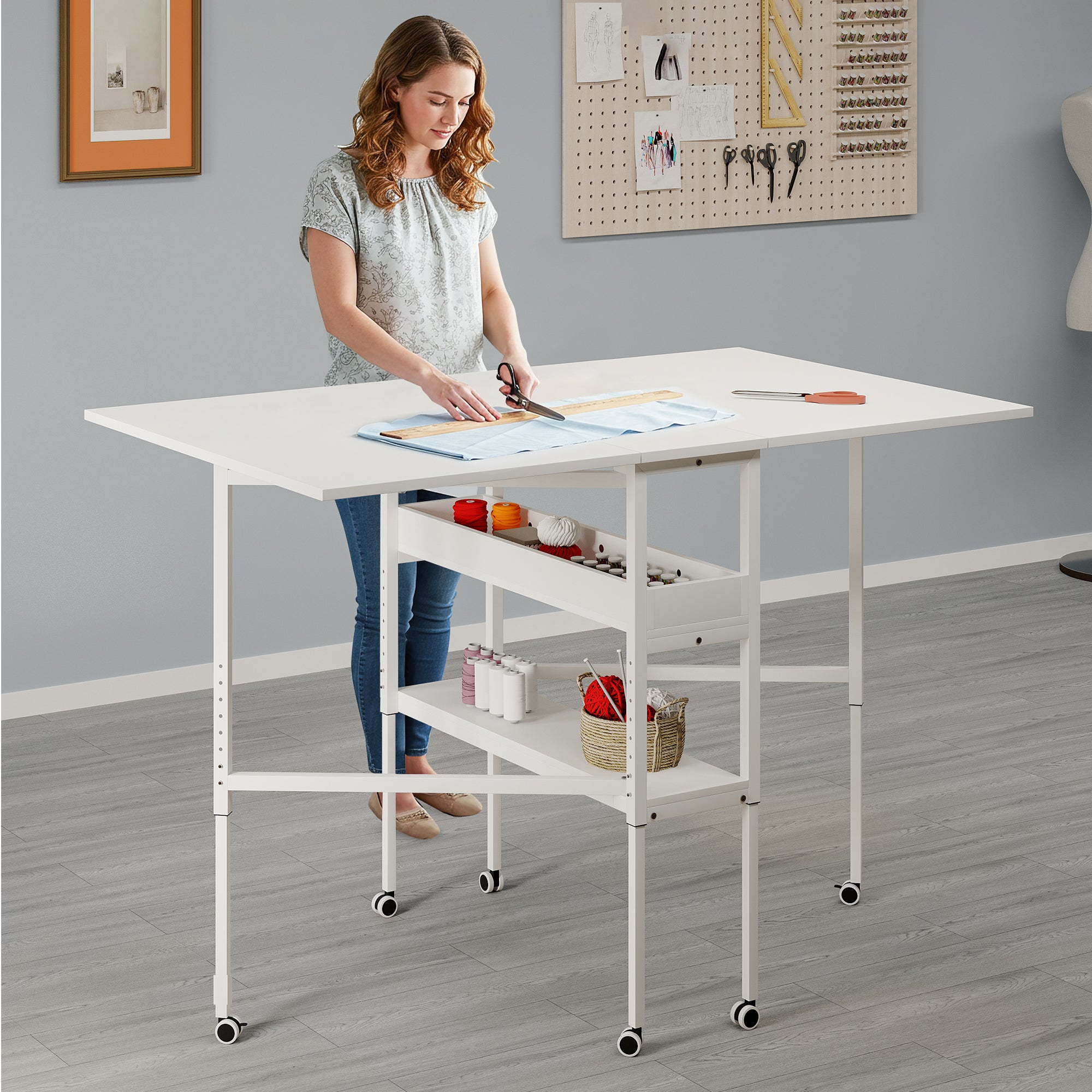 HOMREST Folding Sewing Table, Height Adjustable Fabric Cutting Table with Storage Shelves ＆ Lockable Casters, Portable Craft Station Desk for Home Apartment (57.5" W x 35.5" D x 33-39.75" H)