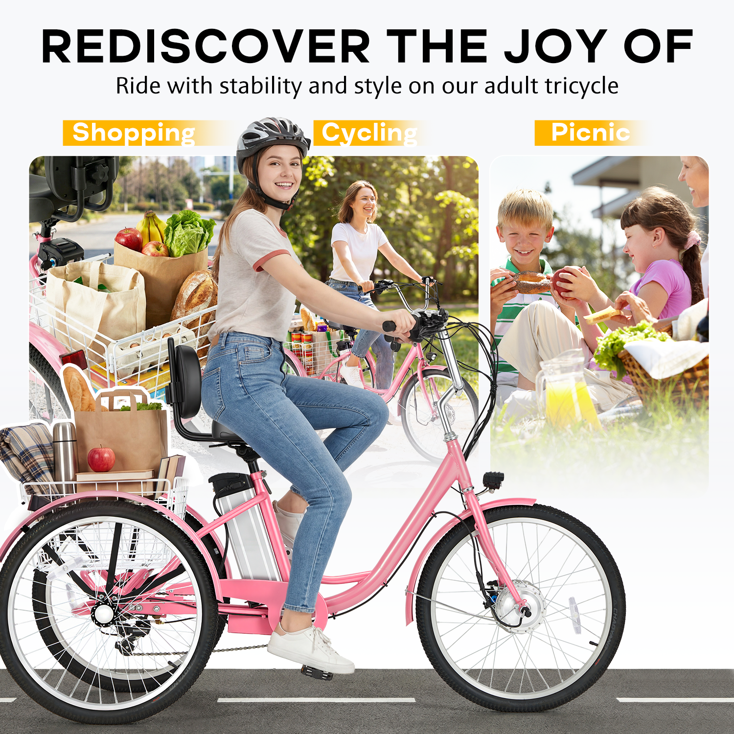 HOMREST Electric Trike for Adults,Peak 500W Brushless Motor, E-Trike with 24" x 2" Tires, Removable Battery, Charger,Step-Thru 3-Wheel Electric Bicycle, Up to 55 Miles Range, 15.5MPH+ Speed, Pink