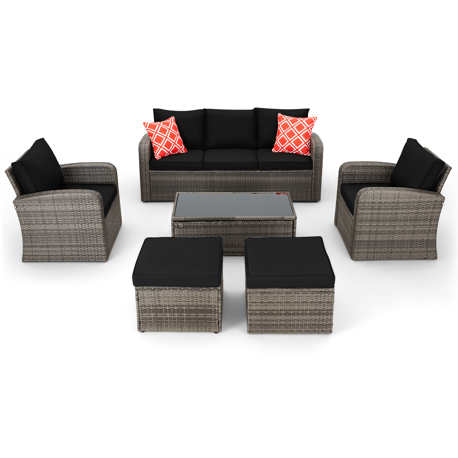 Homrest 6 Pcs Patio Furniture Sets with Coffee Table, Ottomans, Cushions & Pillows, Black