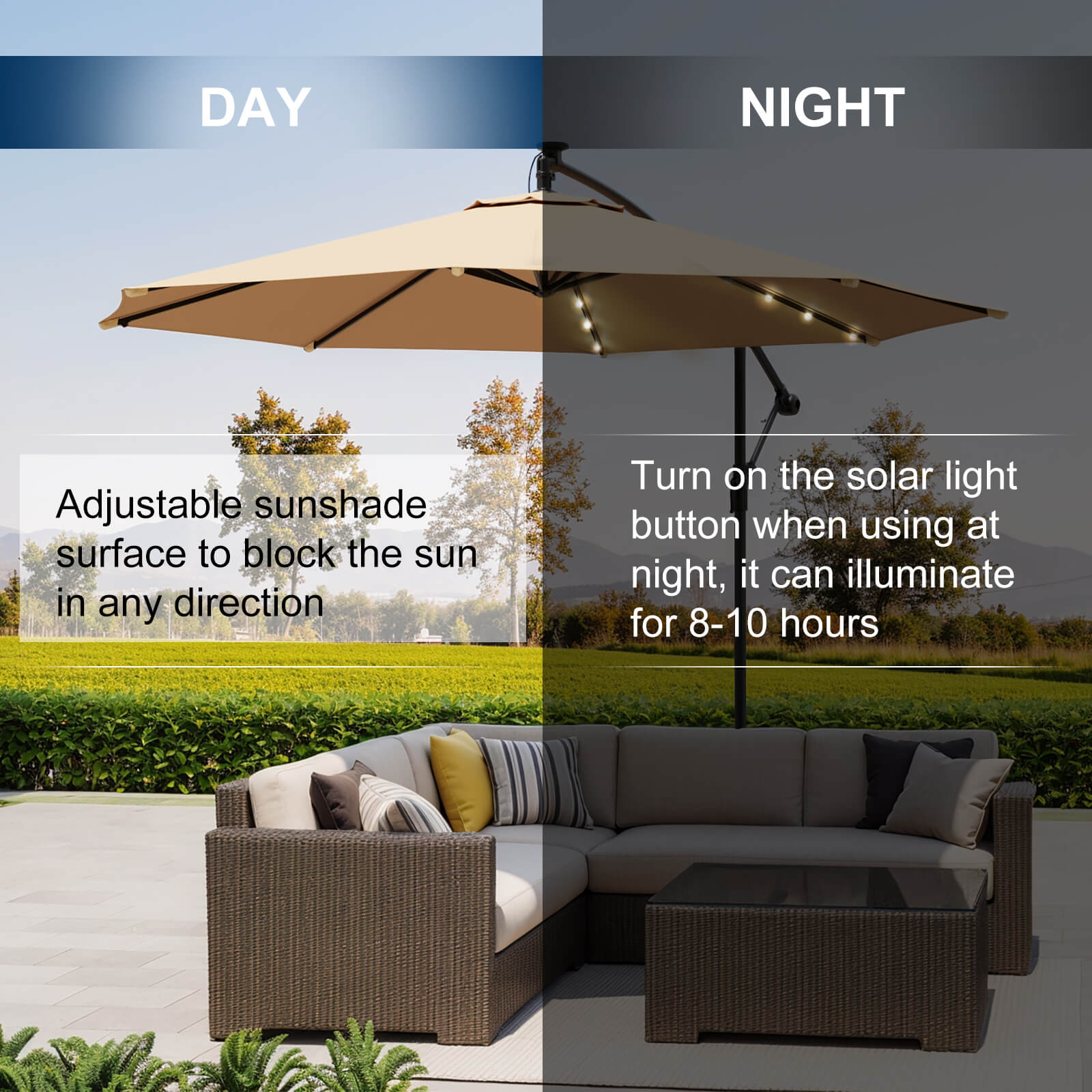 Homrest 10ft Solar Lighted Patio Umbrella, Infinite Tilt, Crank and Cross Base, Beige