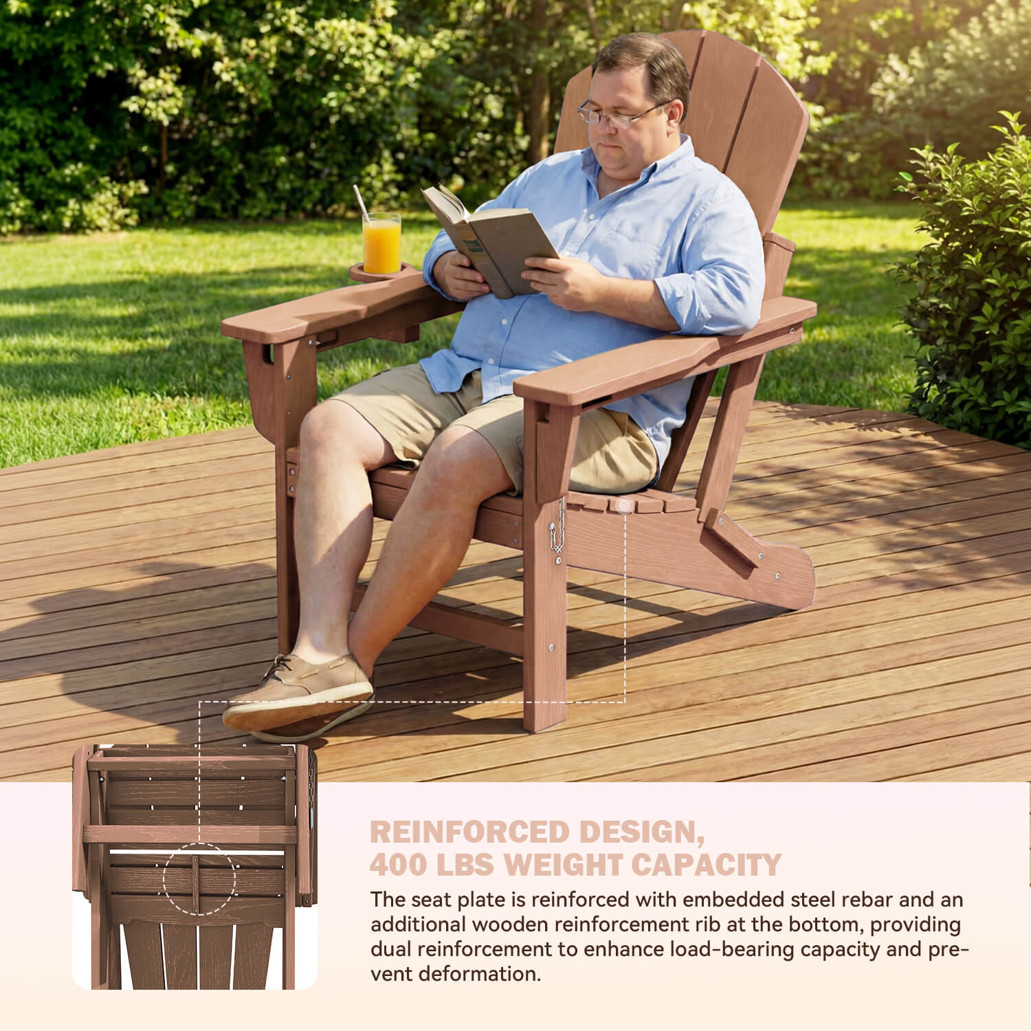 HOMREST 3-Position Adjustable Adirondack Chairs Set of 2, 400LBS HDPE Folding Outdoor Chairs with Cup Holder, Teak