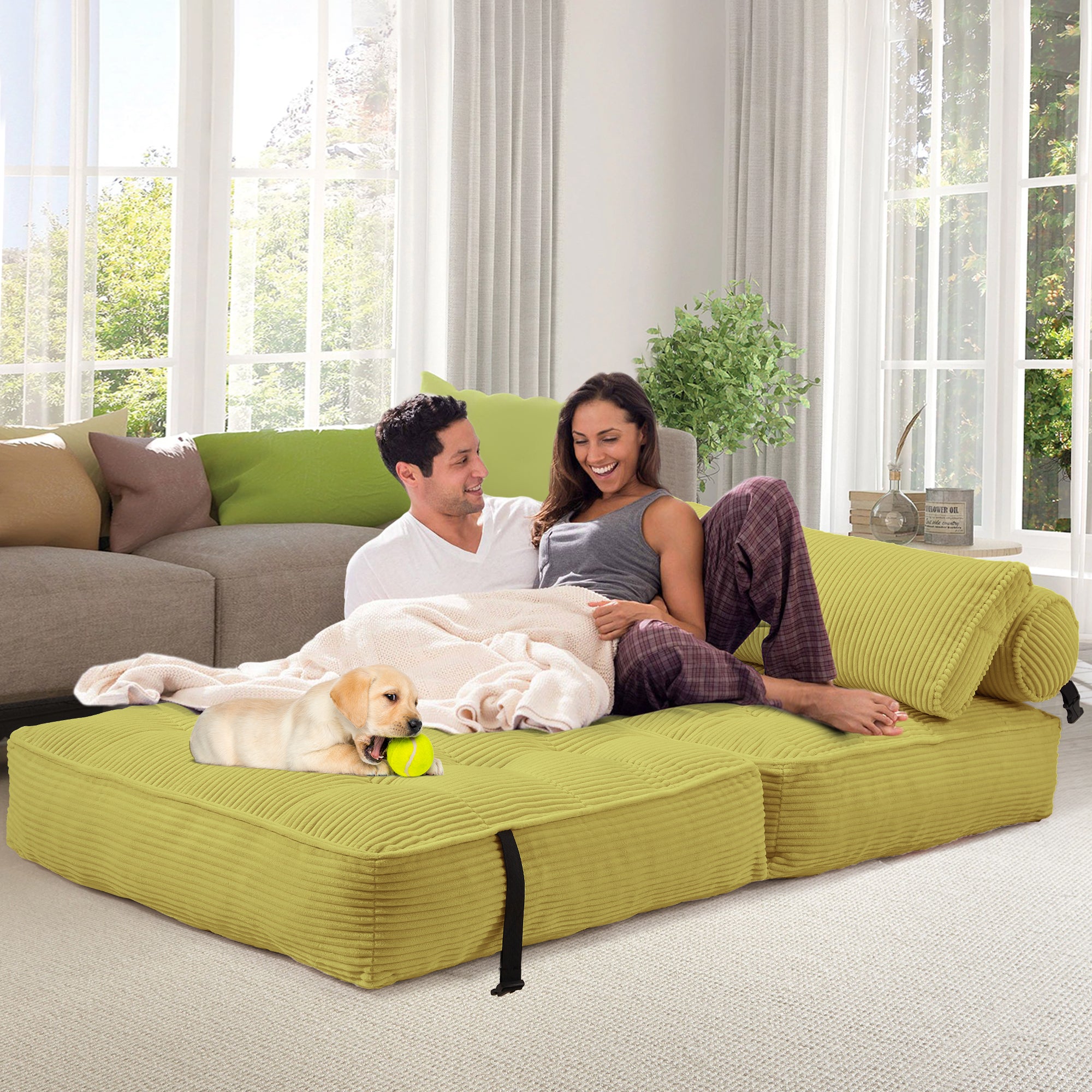 HOMREST Folding Out Chair Bed, Convertible Sofa Bed with 2 Pillows, Avocado Green