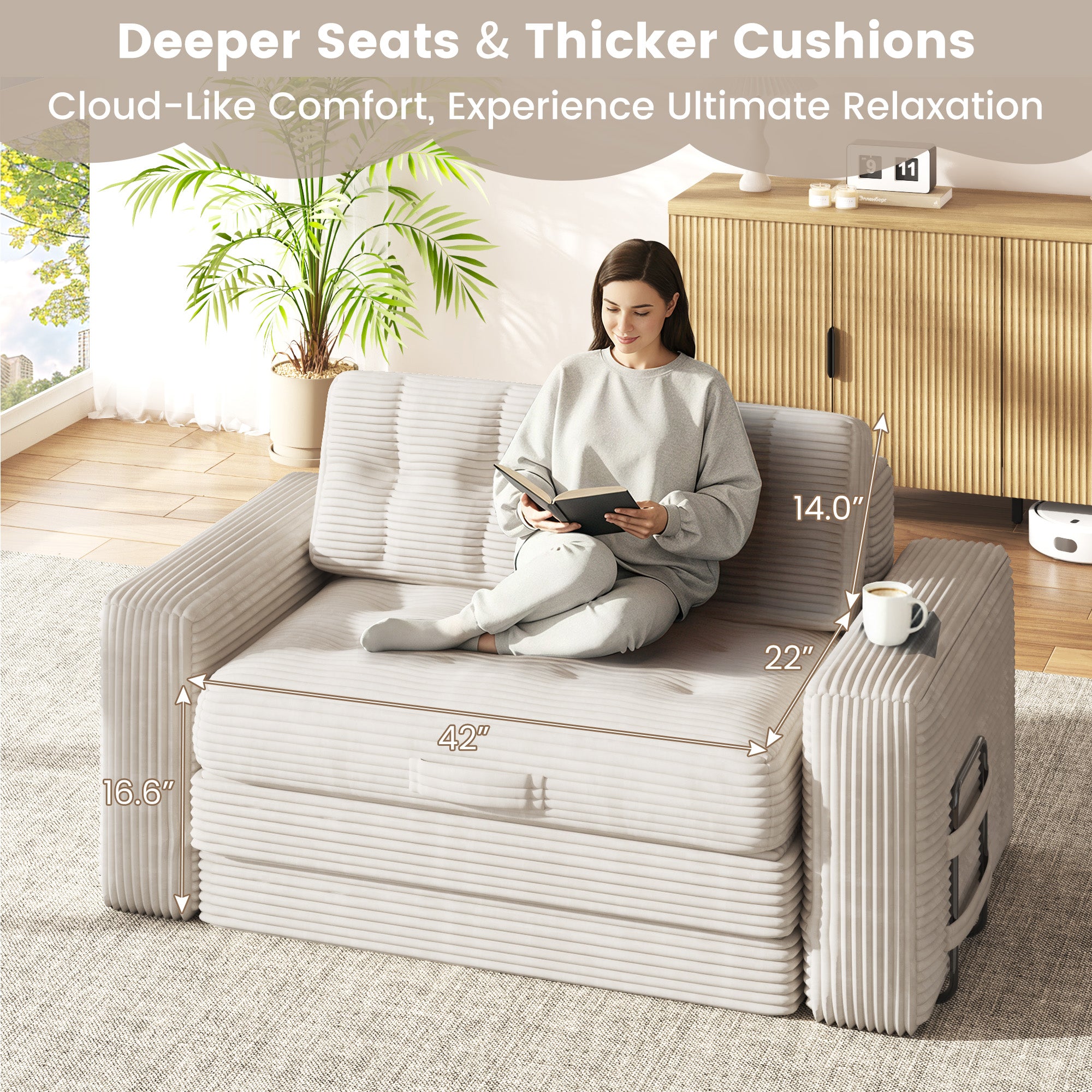 HOMREST No Assembly Needed Convertible Sofa Bed, 2 in 1 Boneless Couch Bed with 2 Pillows, Beige
