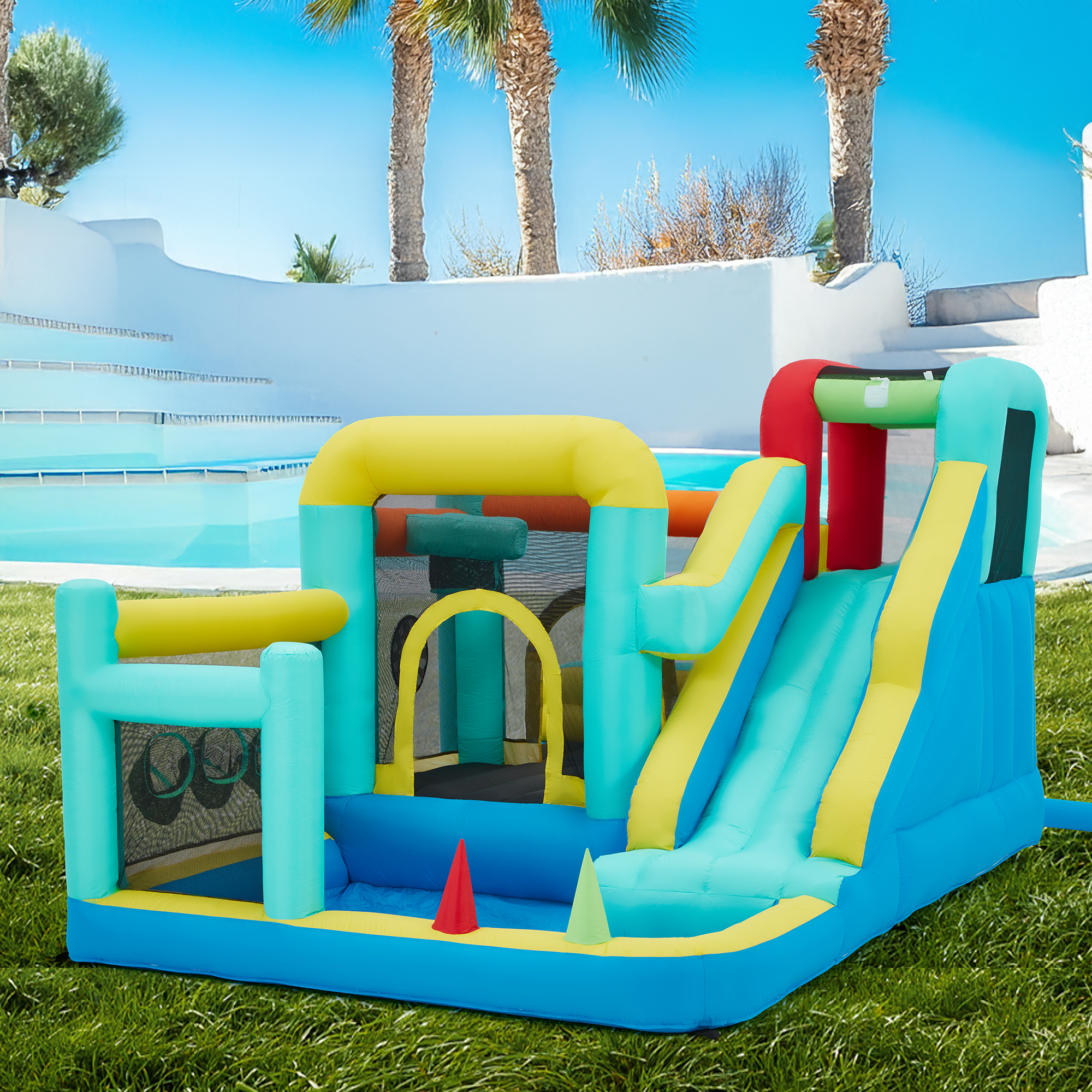 Homrest Inflatable Trampoline Bouncy House with Blower, Jumping Castle with Water Slides for Kids Backyard,  Heavy Duty 840D Oxford Cloth Water Slide Outdoor Sports Dartboard Game for Kids 3-6