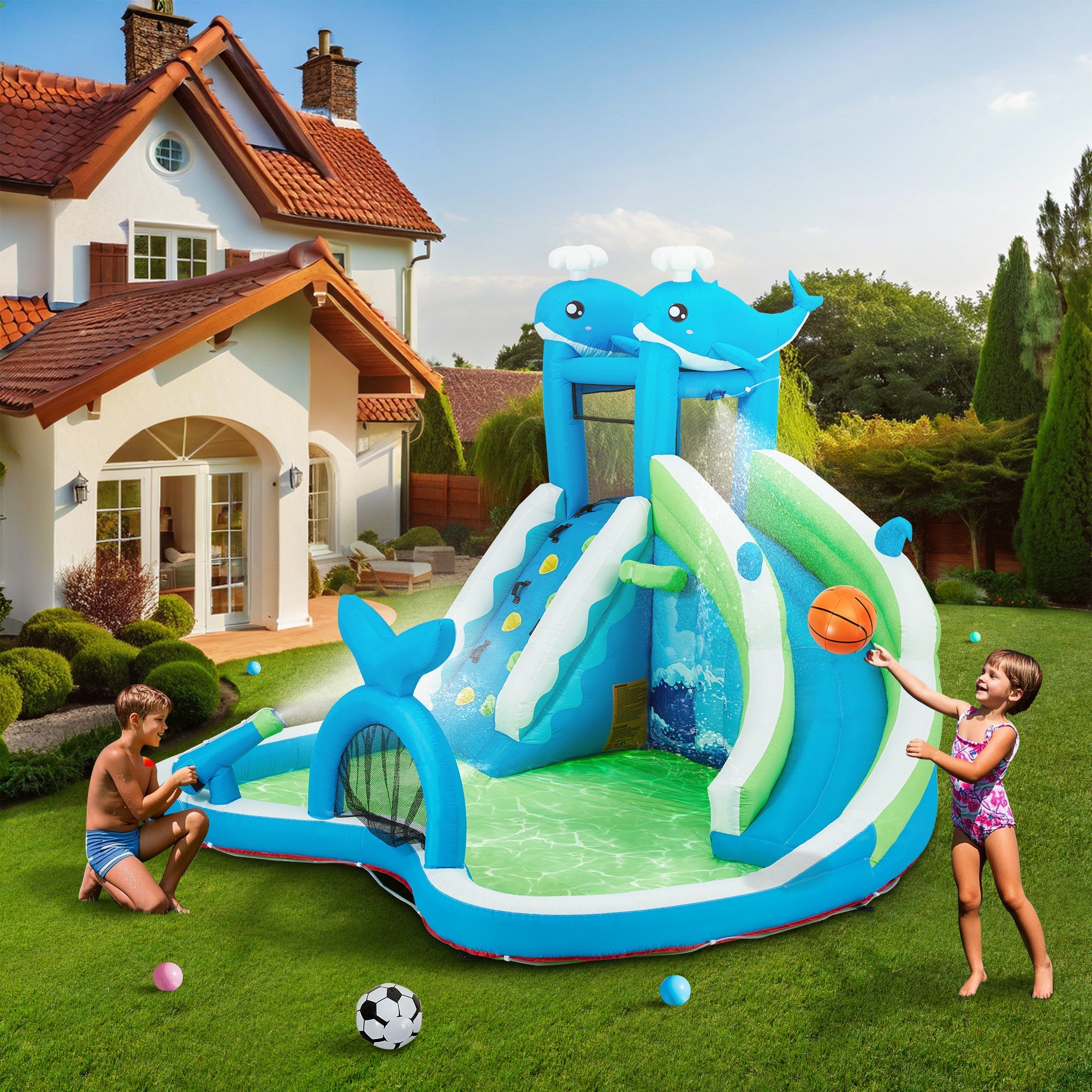 Homrest Inflatable Bounce House, Bounce House with Water Slide for Kids 3-8, Water Slide Bounce House with a Whale Shape, Rock Climbing Wall, Throwing Game, Water Gun Competition, Storage Bag, 480W Blower for Outdoor Backyard