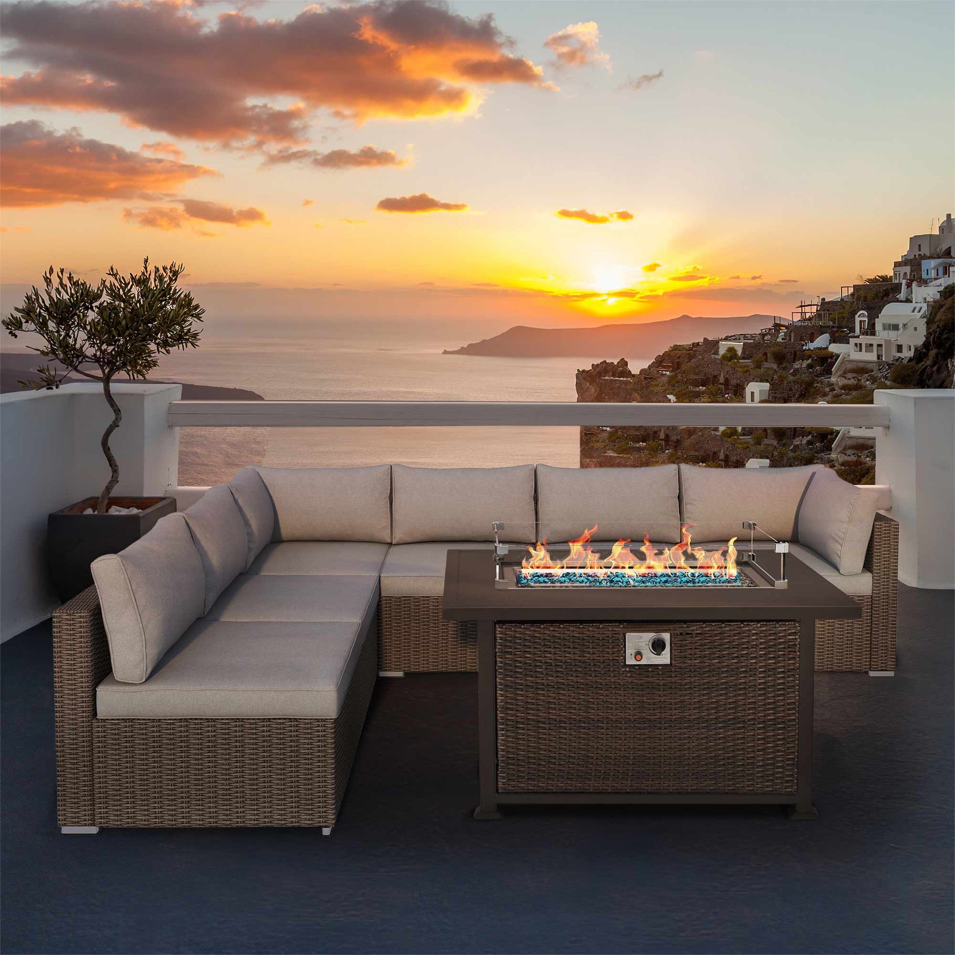  Patio Conversation Set with 44 in Auto-Ignition Propane Fire Pit with Aluminum Table Top and Glass Wind Guard for Christmas Party and Decoration, Dark Brown