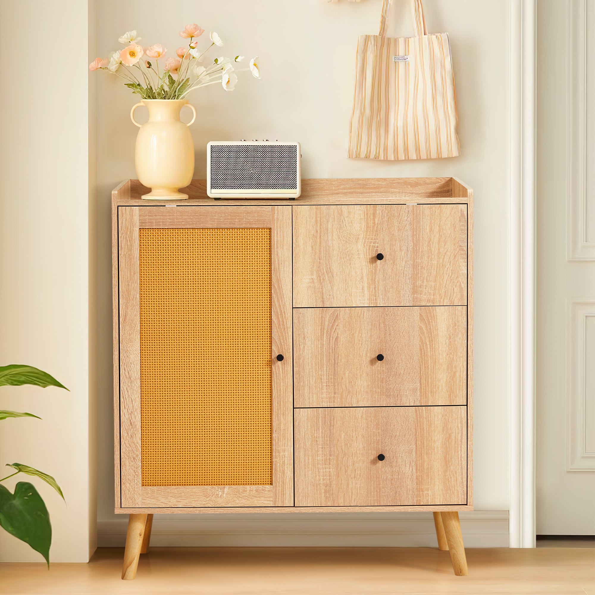 HOMREST Modern Cabinet with Rattan Door and 3 Drawers