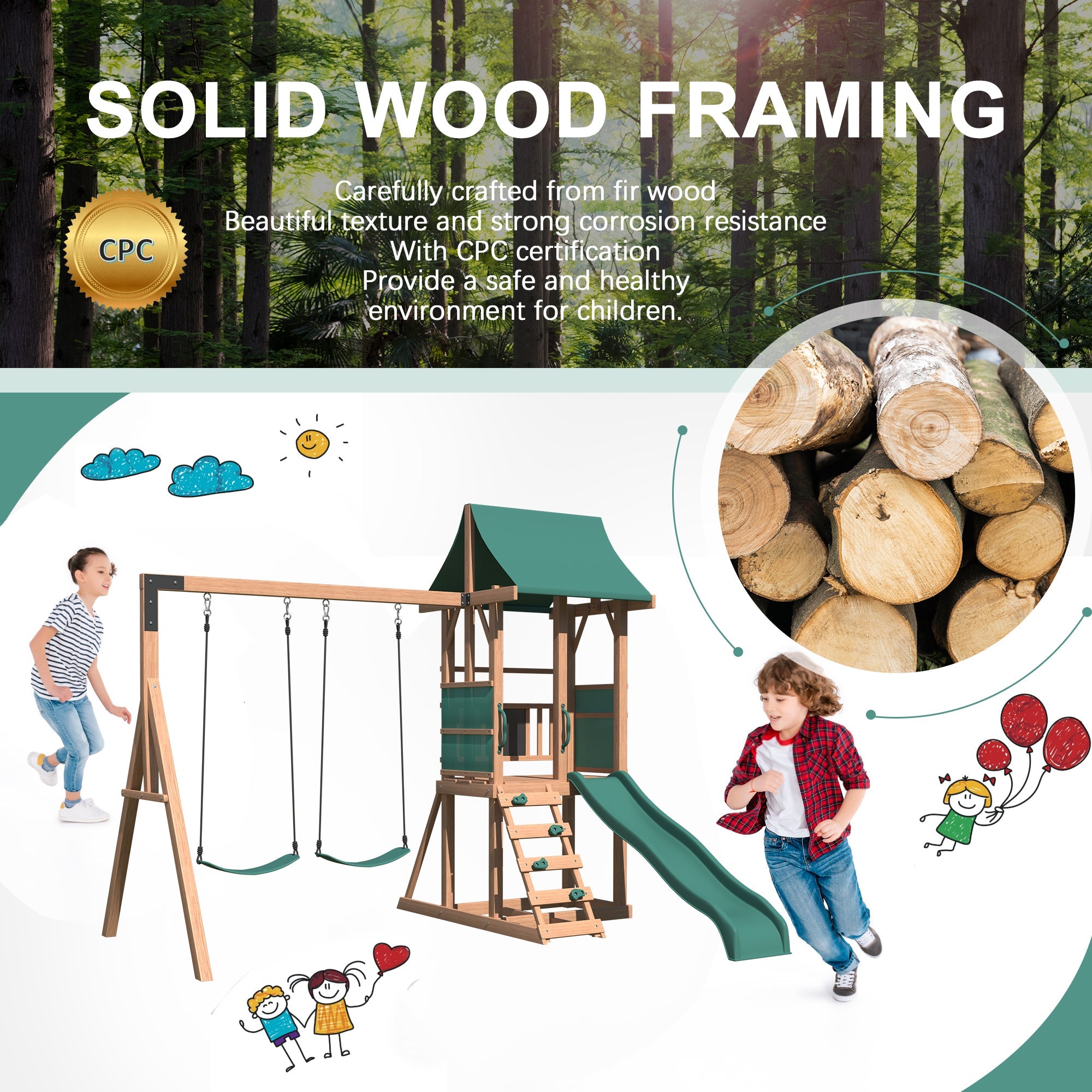 Homrest Swing Sets for Backyard, 4-in-1 Outdoor Swing Set with Slide, Climbing Rock Wall, and Soft Cushion Swings for Backyard Playground