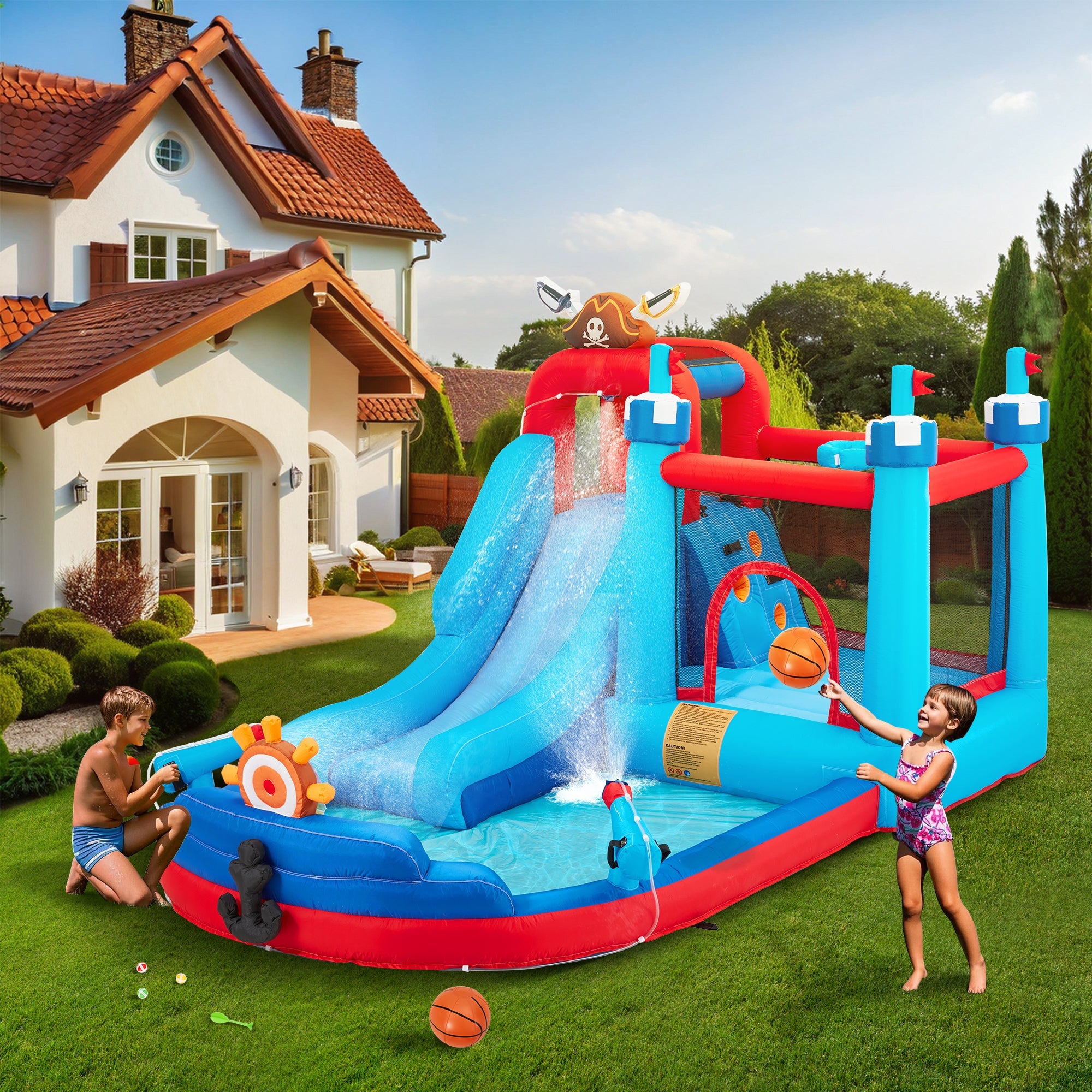 Homrest Inflatable Bounce House, Bounce House with Water Slide for Kids 3-8, Water Slide Bounce House with a Pirate Ship Shape, Rock Climbing Wall, Trampoline, Water Gun Competition, Darts Game, Storage Bag, 480W Blower for Outdoor Backyard