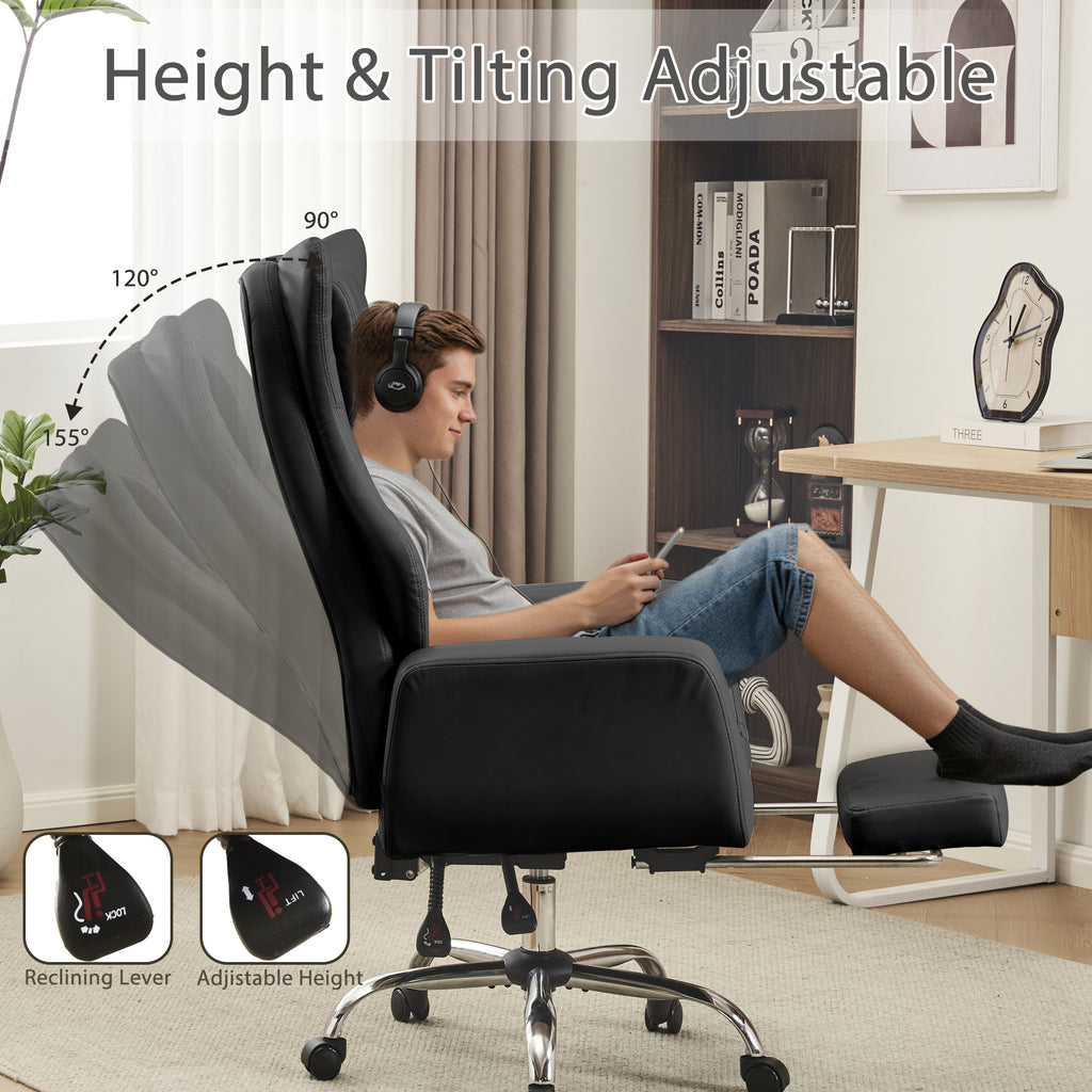 HOMREST Ergonomic Cross Legged Office Chair with Footrest,Big and Tall Leather Executive Chair with Reversible Armrest,Lumbar Pillow and Wheels,155° Reclining Computer Wide Desk Chair for Home,Office (Black)
