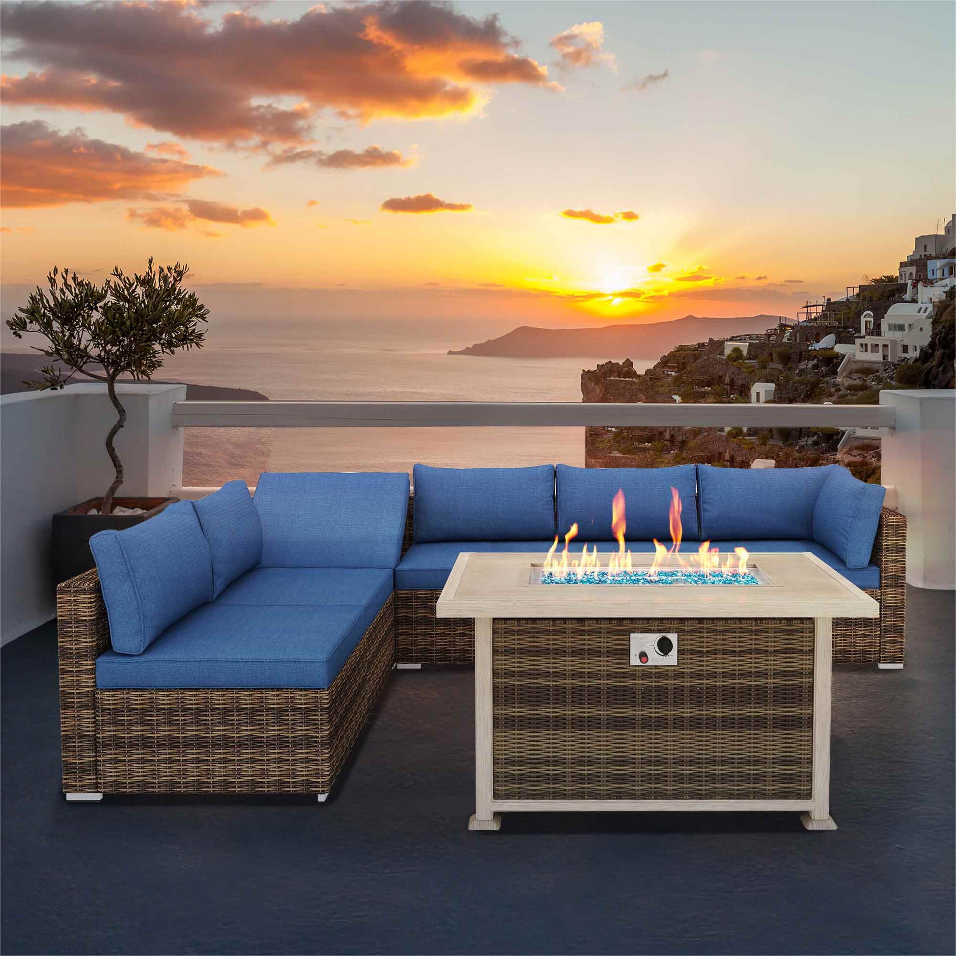 Patio Conversation Set with 50 in Auto-Ignition Propane Fire Pit with Aluminum Table Top and Glass Wind Guard for Christmas Party and Decoration, Brown