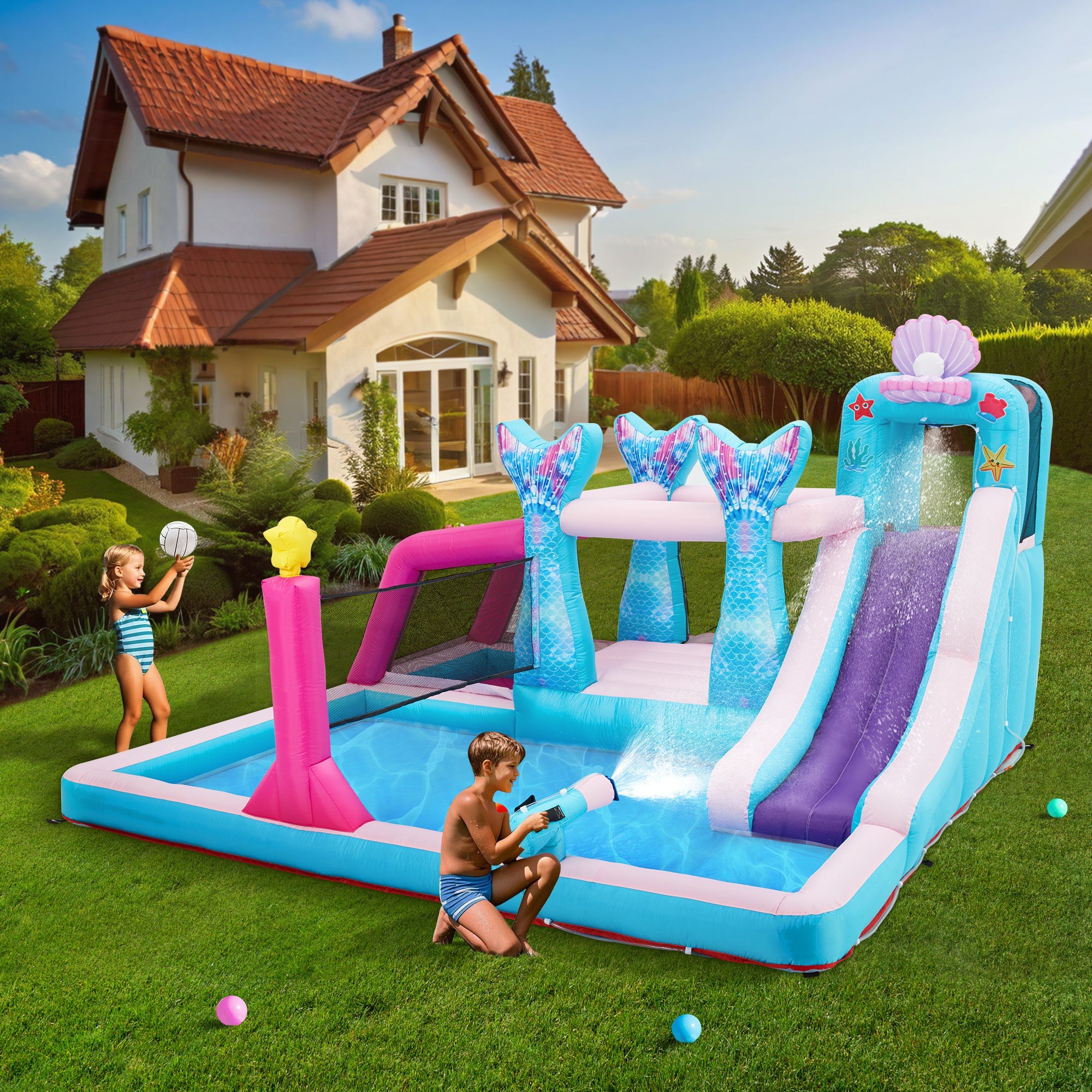 Homrest Inflatable Bounce House, Bounce House with Water Slide for Kids 3-8, Water Slide Bounce House with a Mermaid Shape, Volleyball Match, Trampoline, Water Gun Competition, Storage Bag, 480W Blower for Outdoor Backyard