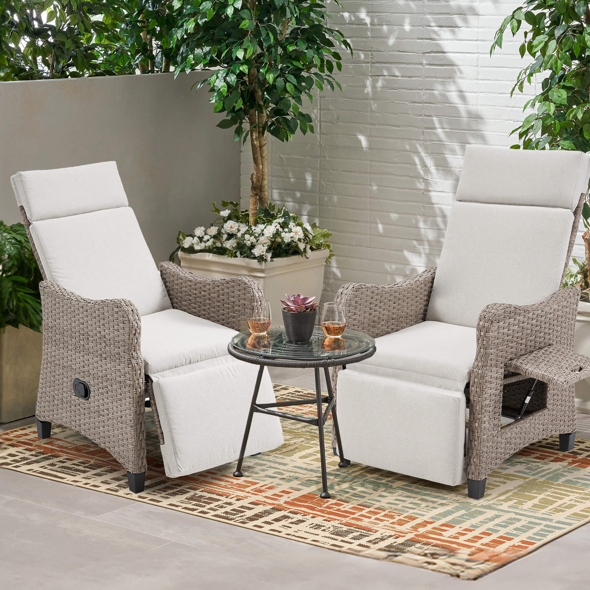 Homrest Outdoor Recliner Chair with Flip-up Table & Removable Cushion for Patio Deck Backyard, Beige