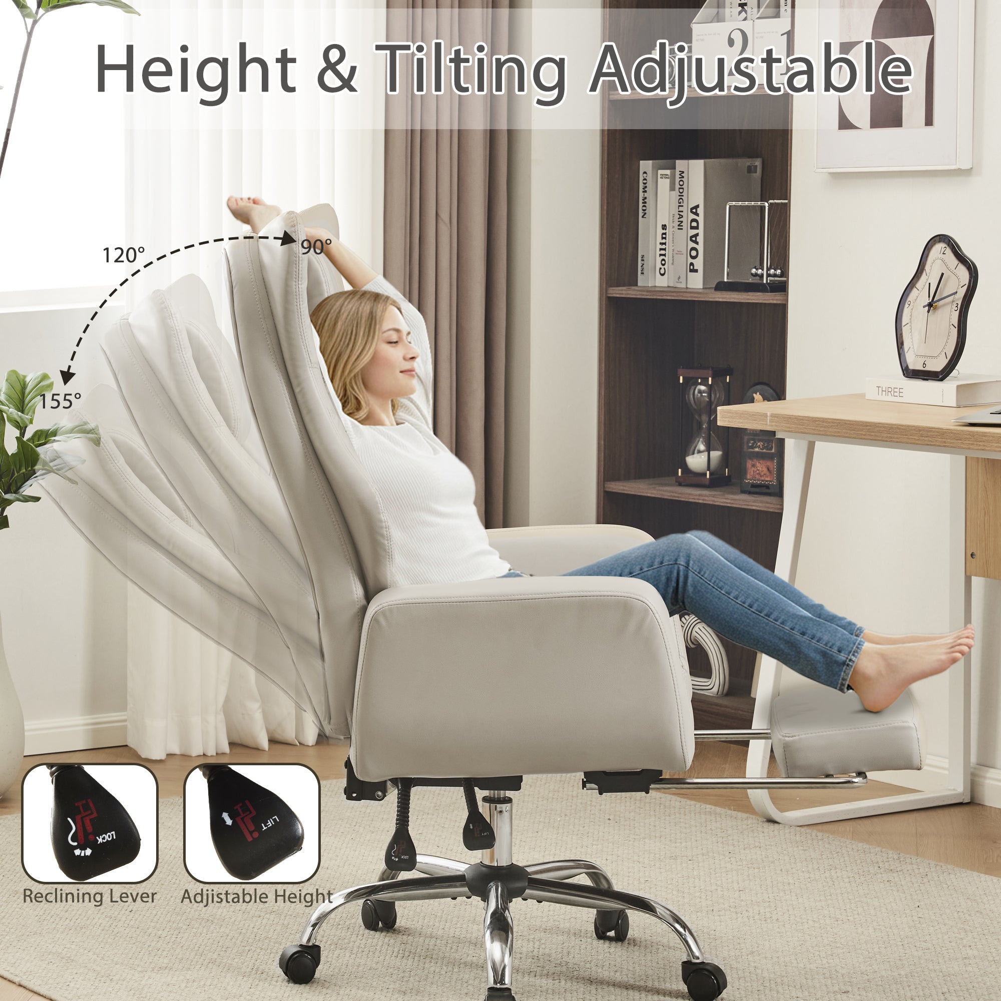 HOMREST Ergonomic Cross Legged Office Chair with Footrest,Big and Tall Leather Executive Chair with Reversible Armrest,Lumbar Pillow and Wheels,155° Reclining Computer Wide Desk Chair for Home,Office (Beige)