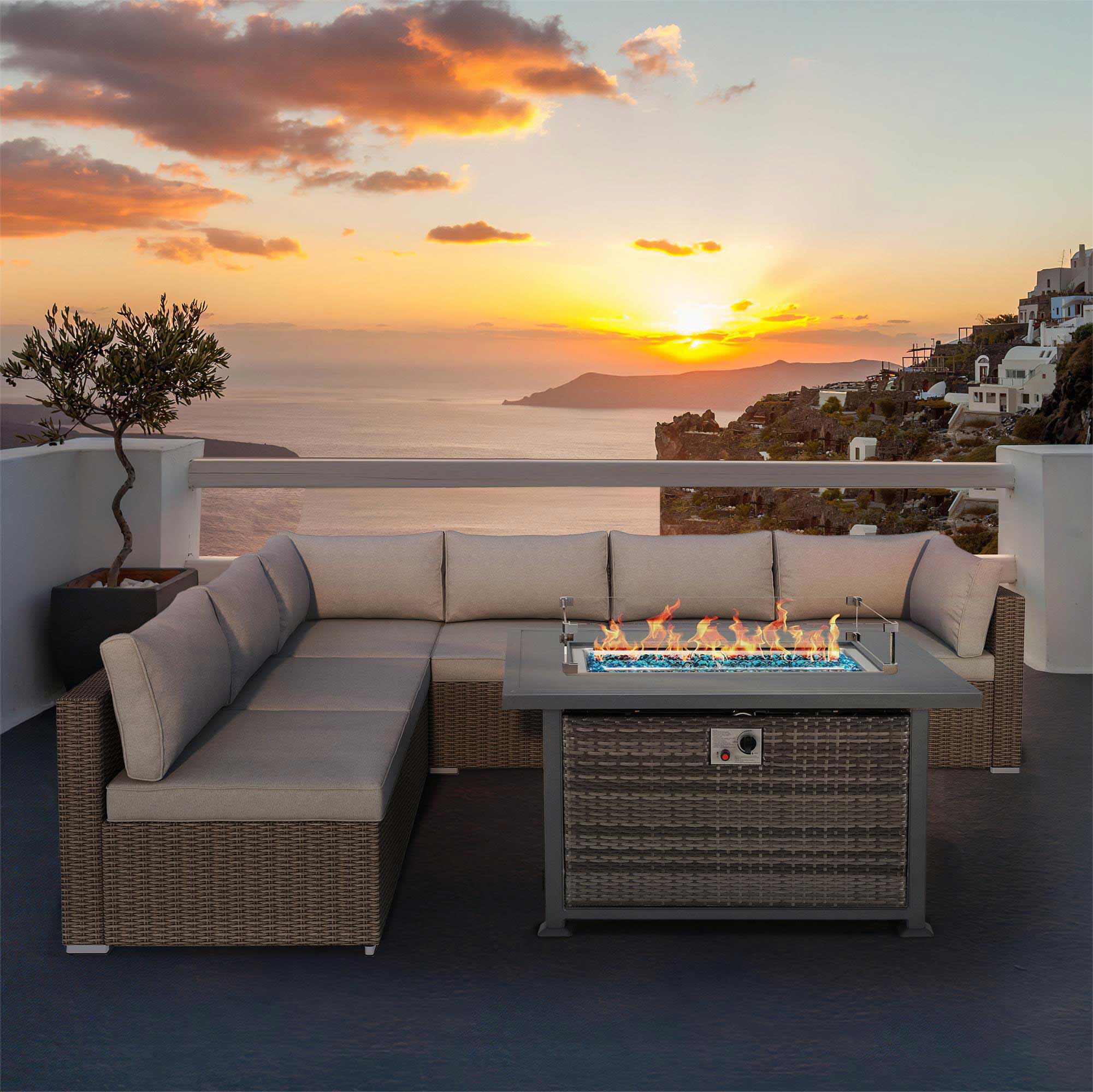 Patio Conversation Set with Propane Fire Pit with Aluminum Table Top and Glass Wind Guard for Christmas Party and Decoration, Brown