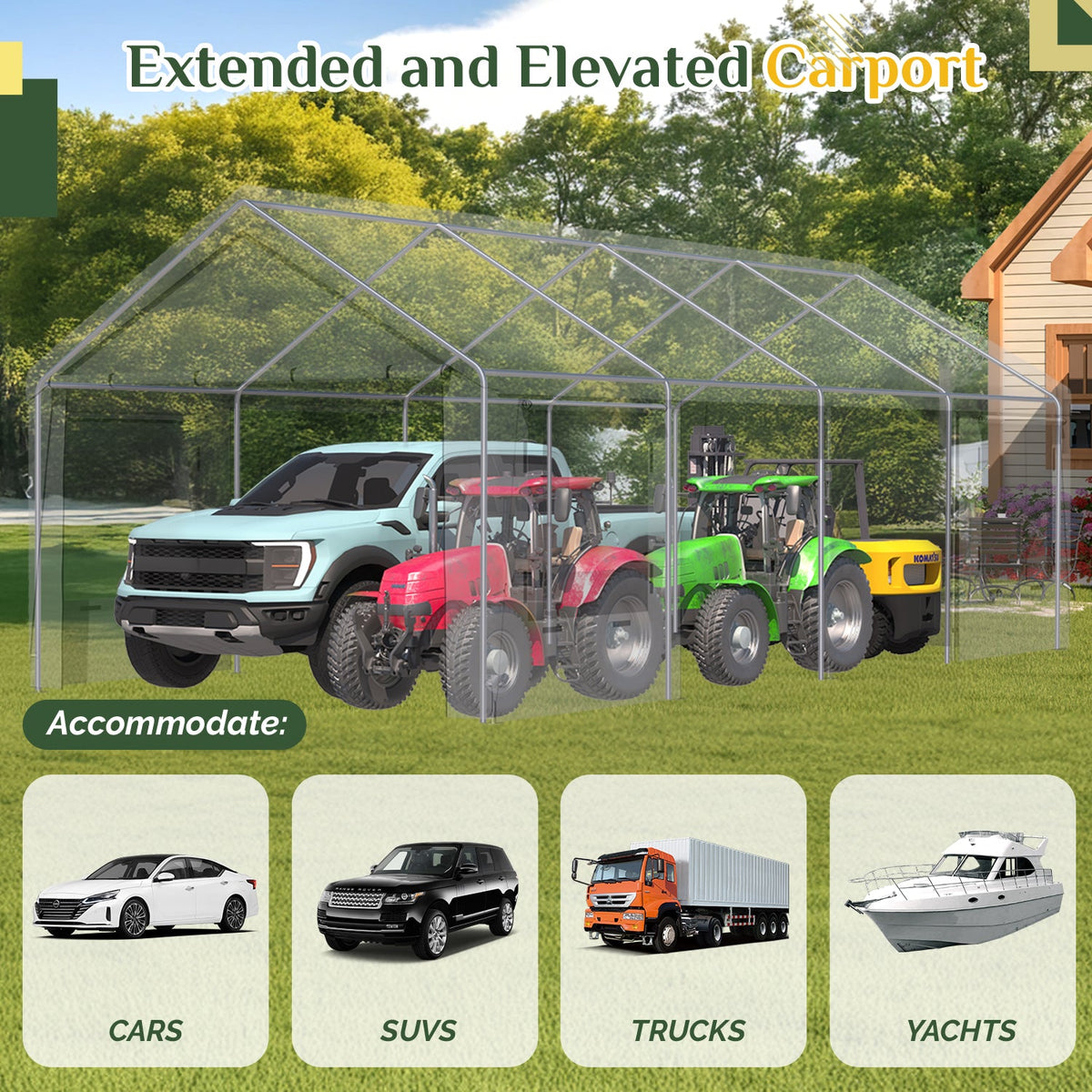 homrest 12' x 24' Heavy Duty Carport£¬Portable Garage with UV Protection & Steel Frame, Car Port with Removable Sidewalls, All-Season Car Canopy for Tractor, Truck, Boat, White