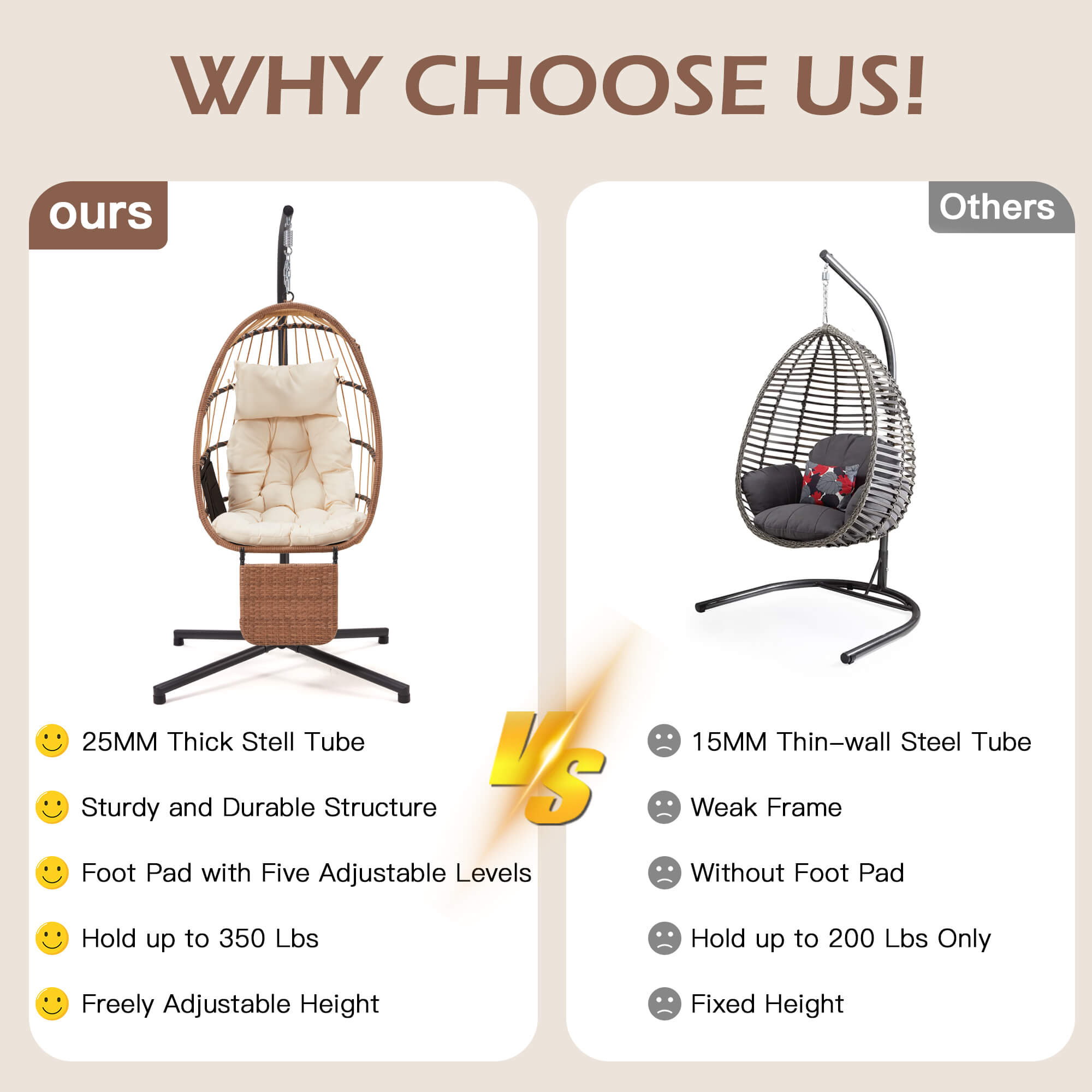 HOMREST Hanging Egg Chair with Stand & Removable Leg Rest, Hammock Chair for Patio, Bedroom, Beige/Natural