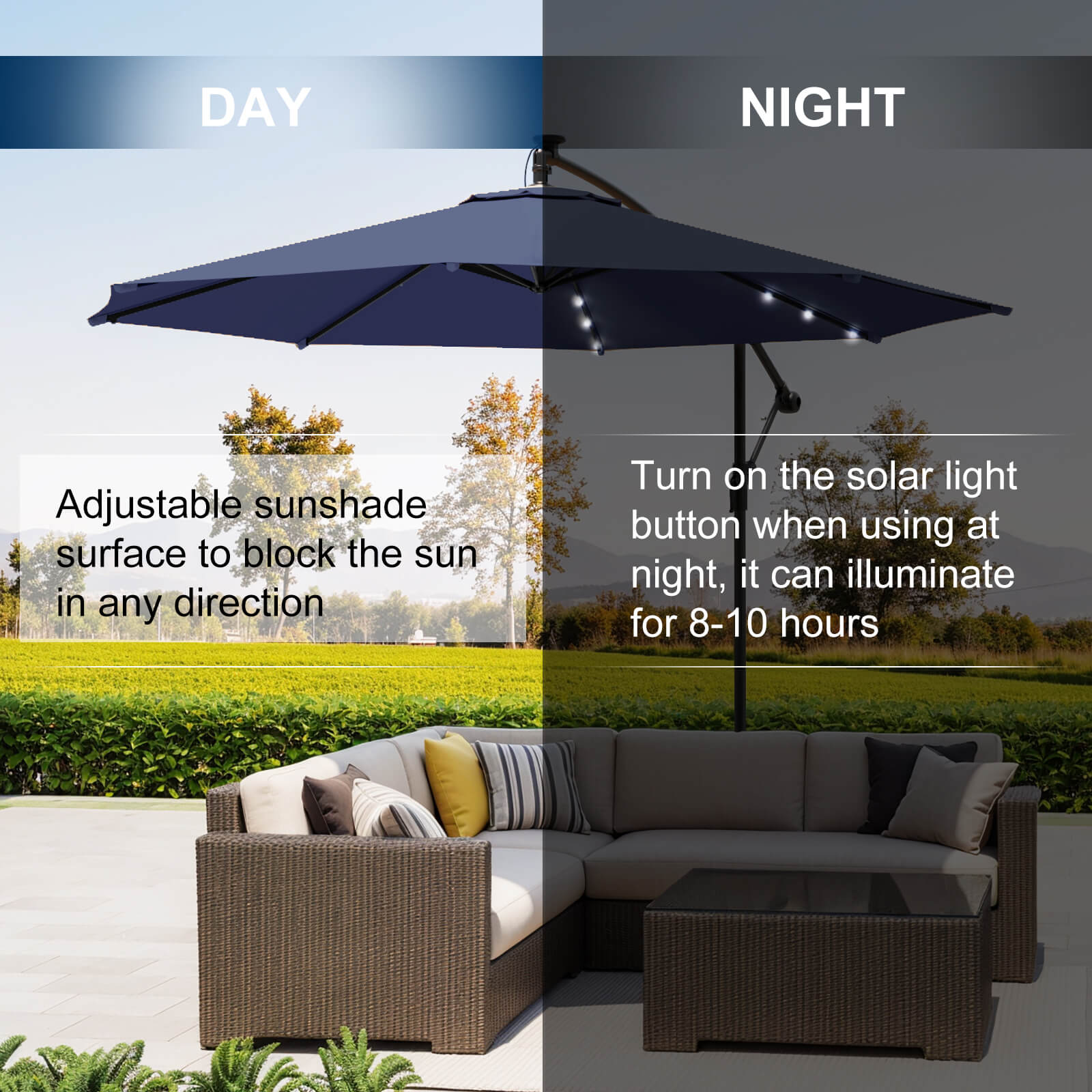 Homrest 10ft Solar Lighted Patio Umbrella, Infinite Tilt, Crank and Cross Base, Navy Blue