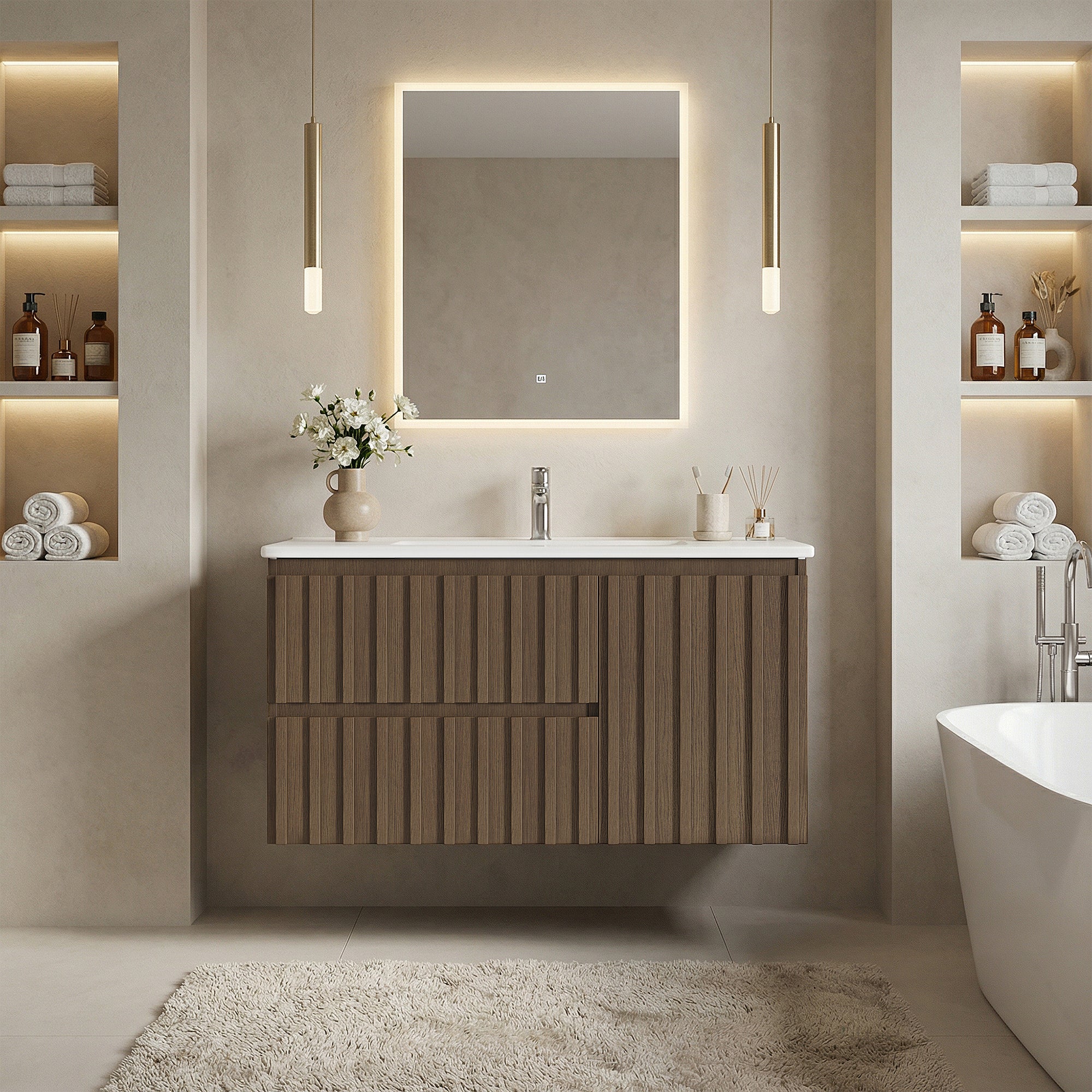 Homrest 36" Wall Mounted Single Bathroom Vanity With Ceramic Sink, Bathroom Vanity With Spacious Cabinet And 2 Soft-close Drawers,  Brown