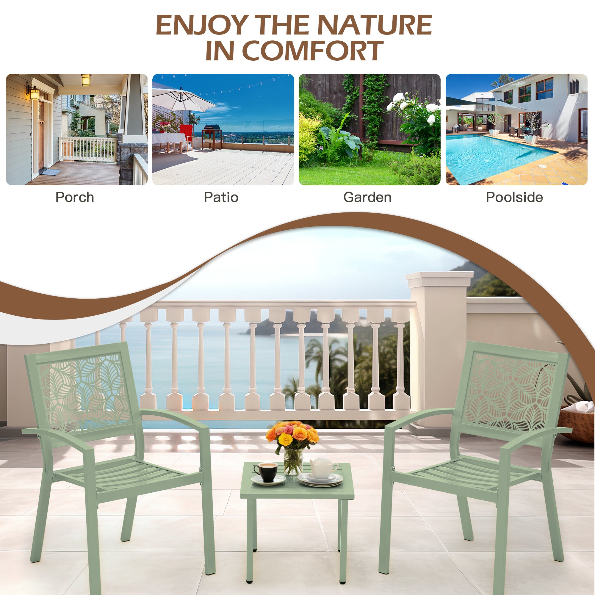HOMREST 3-Piece Outdoor Bistro Set – Metal Chairs & Table, Sage Green