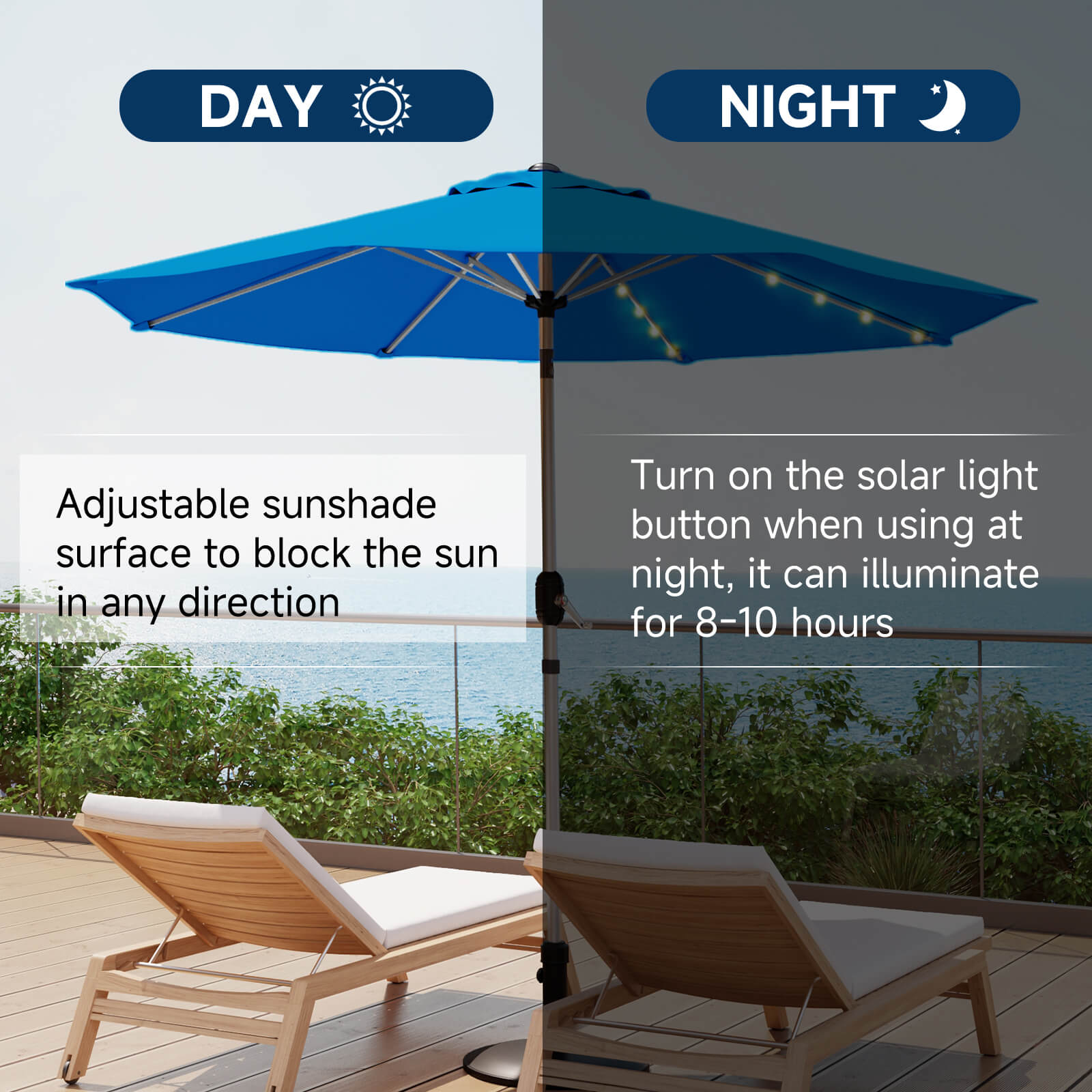 Homrest 9FT Solar Patio Umbrella, Fade-Resistant Outdoor Market Umbrella with Tilt, 8 Aluminum Ribs for Gardens,Royal Blue