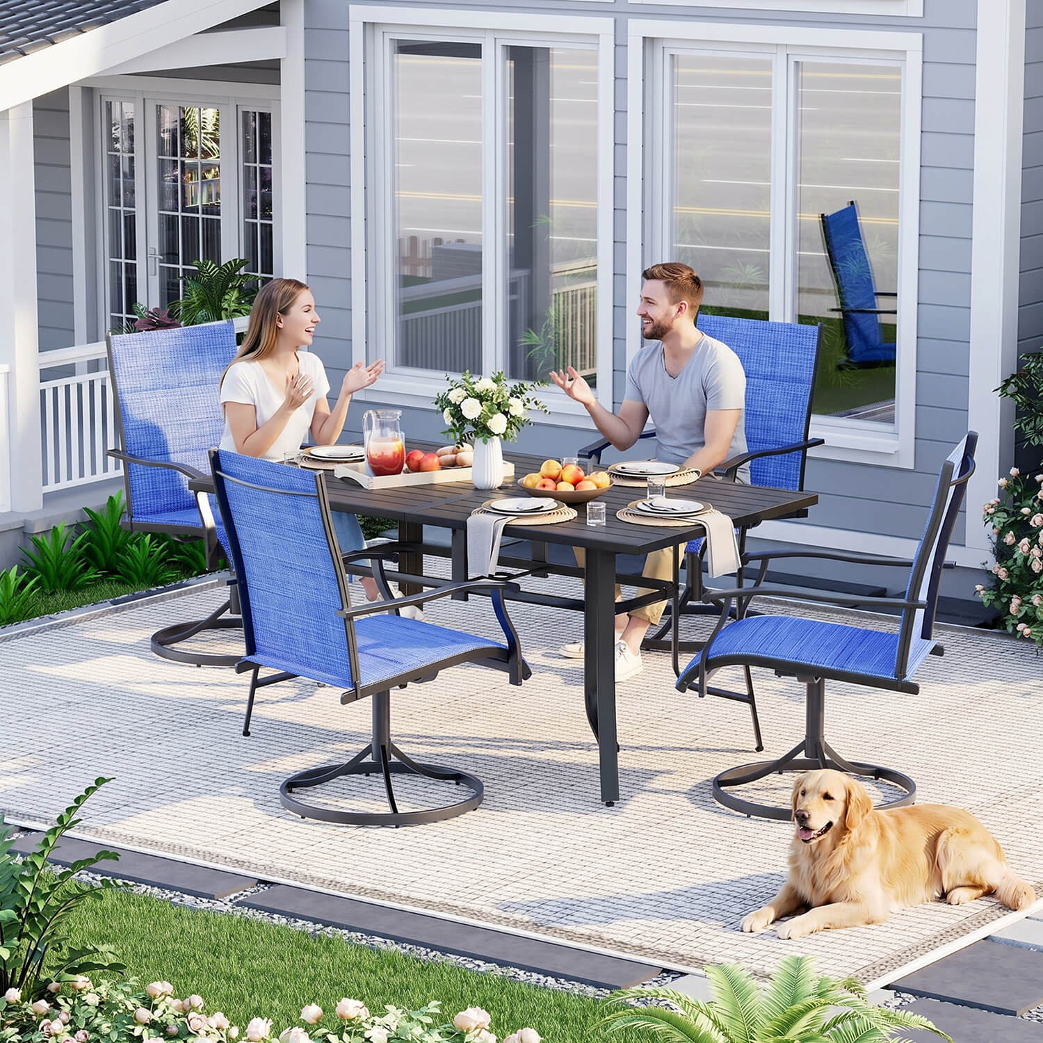 HOMREST Patio Swivel Chairs Set of 4, 360¡ã Swivel, 15¡ã Rocking, Outdoor Dining Chairs with Padded All Weather Quick-Drying Textilene High Back & Metal Frame, Blue
