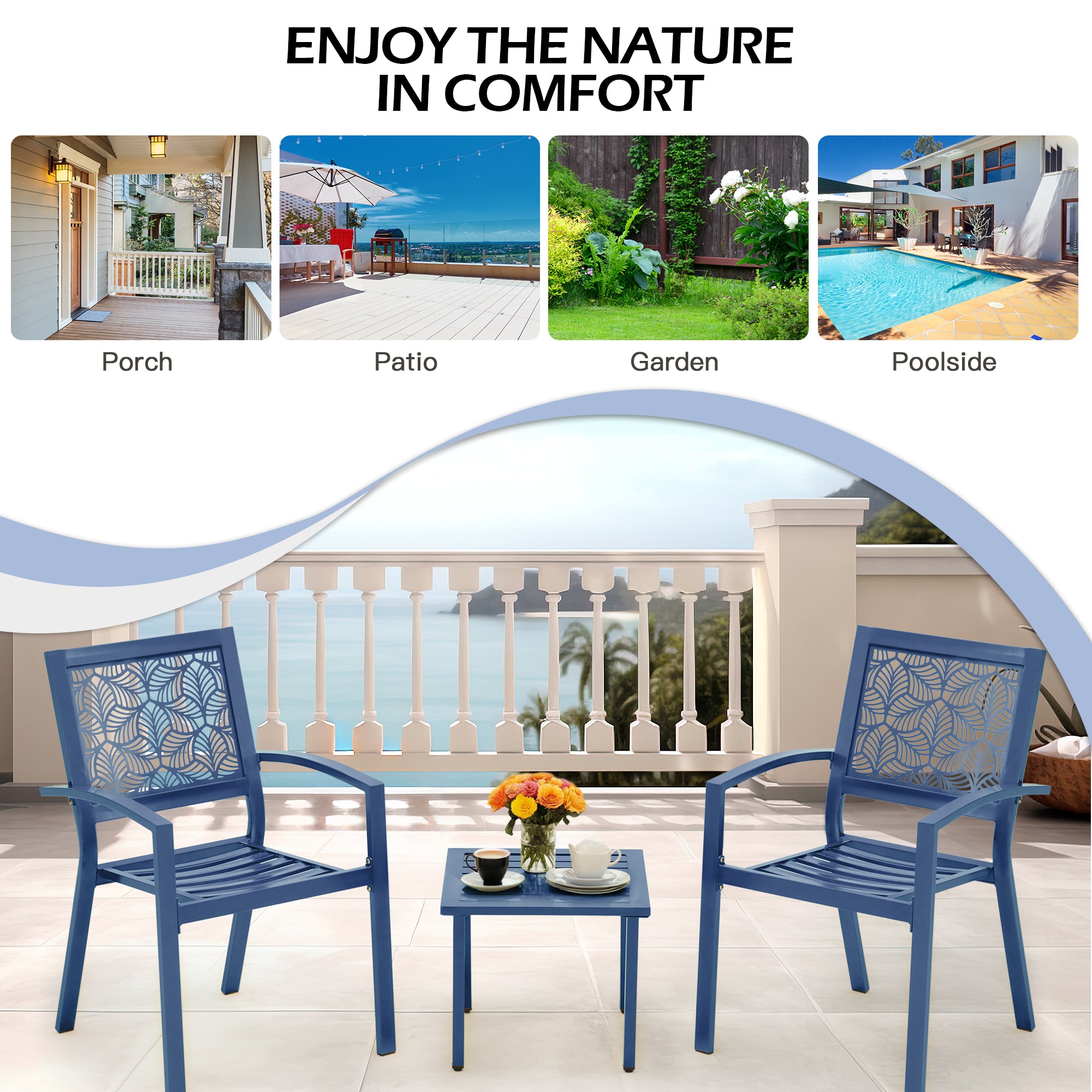 HOMREST 3-Piece Outdoor Bistro Set – Metal Chairs & Table, Floral Back Design, Peacock Blue