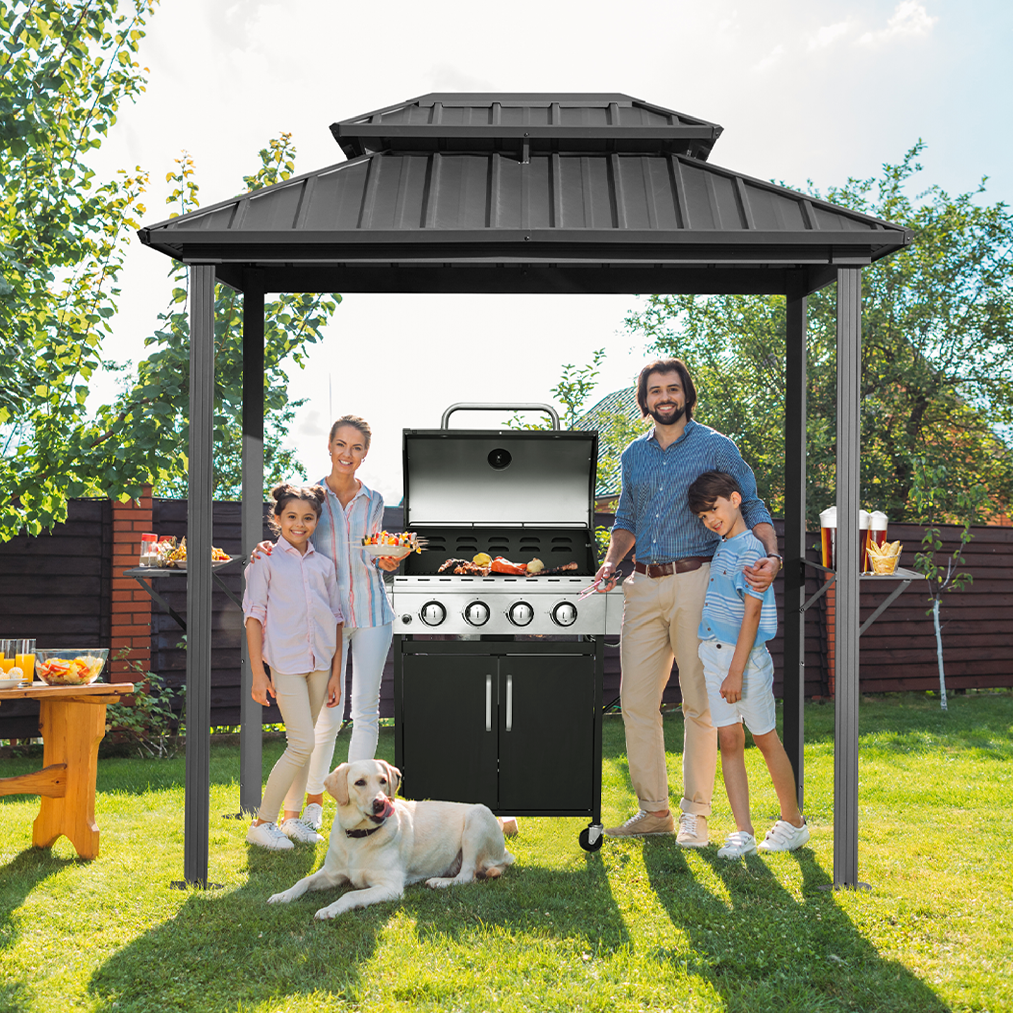 HOMREST 8x6 FT Outdoor Grill Gazebo with Double Steel Roof & Shelves