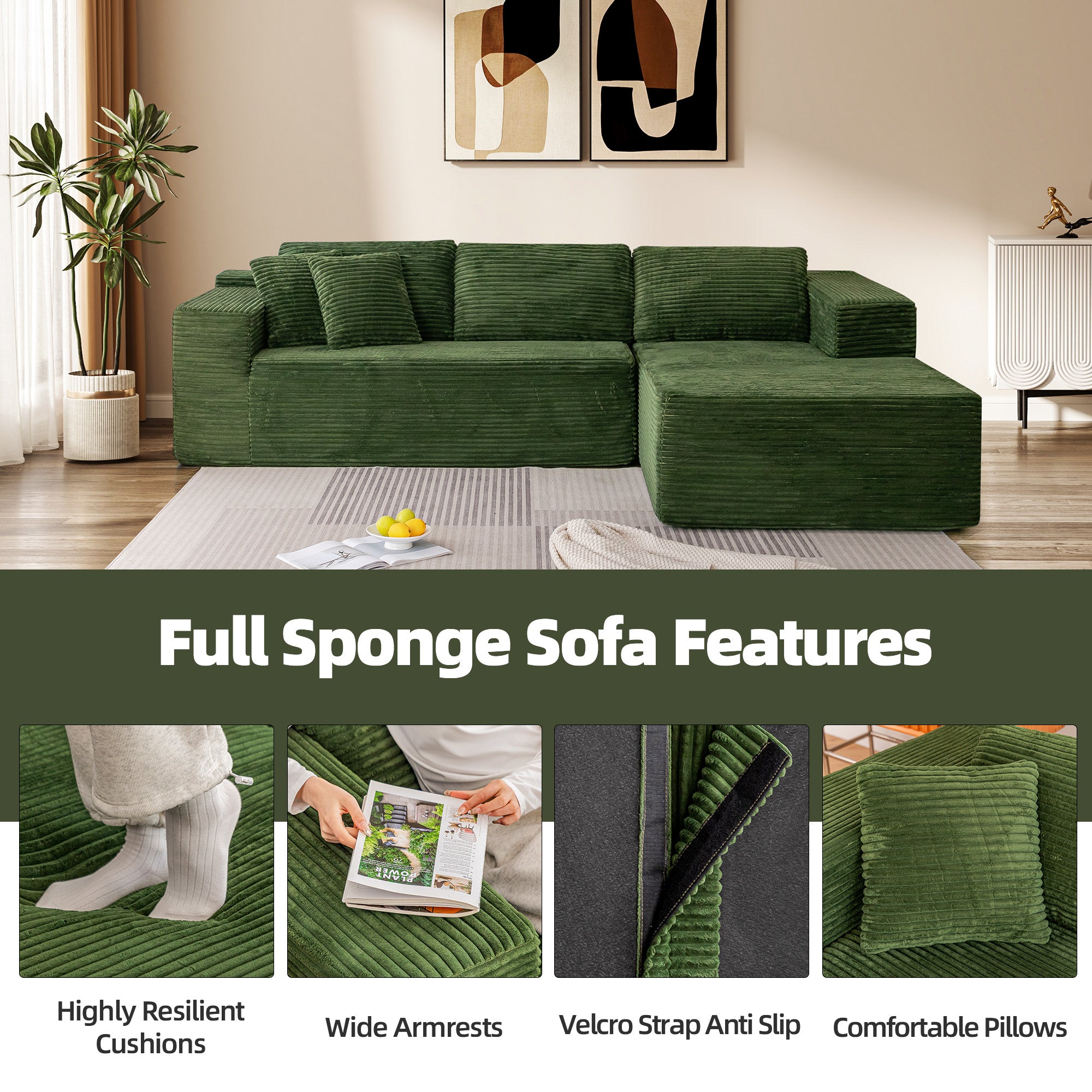 HOMREST 106 inch Cloud Sectional Couch with Chaise Lounge for Living Room, Corduroy Fabric, Green