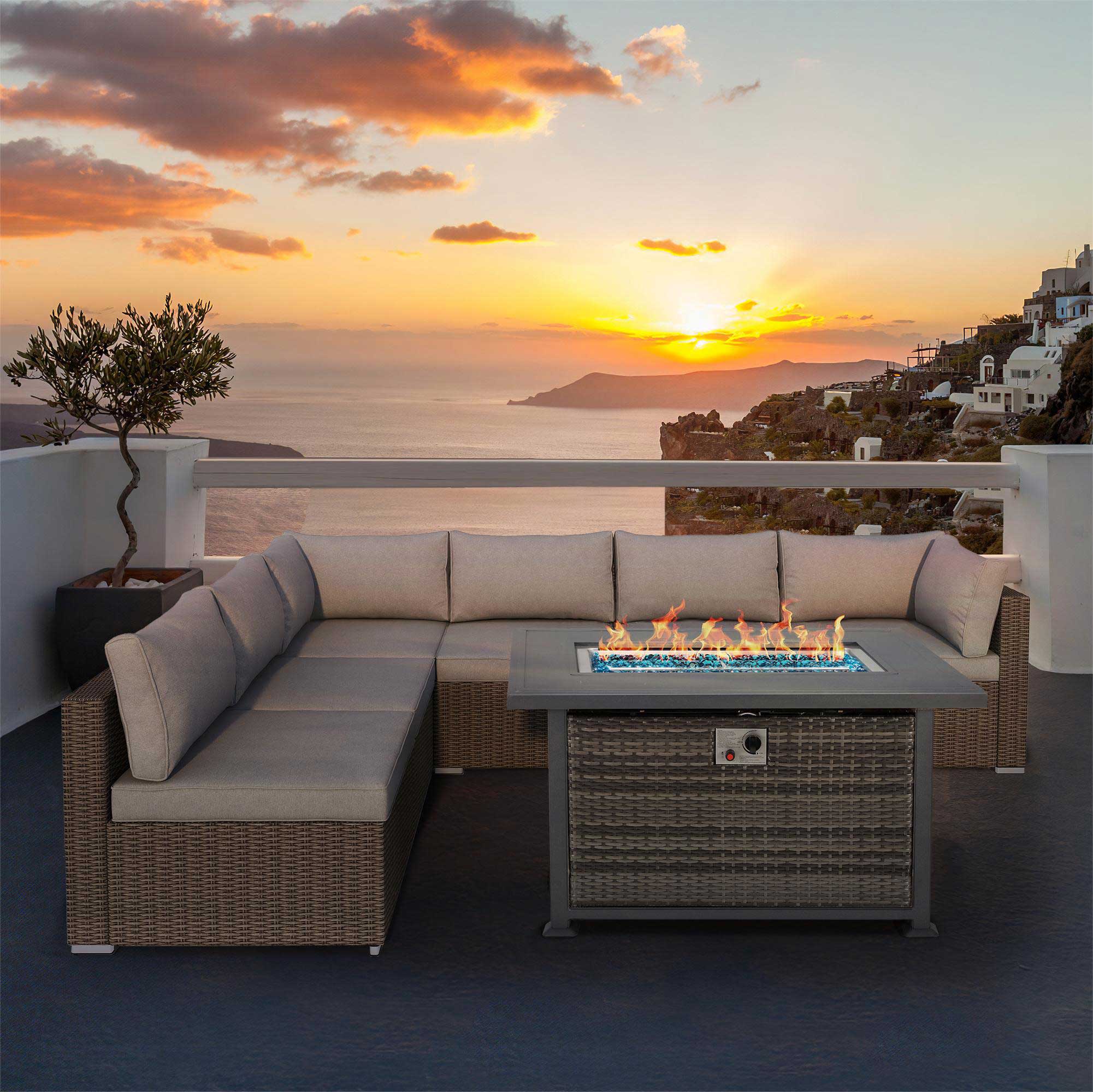Patio Conversation Set with 50 in Auto-Ignition Propane Fire Pit with Aluminum Table Top and Glass Wind Guard for Christmas Party and Decoration, Dark Brown