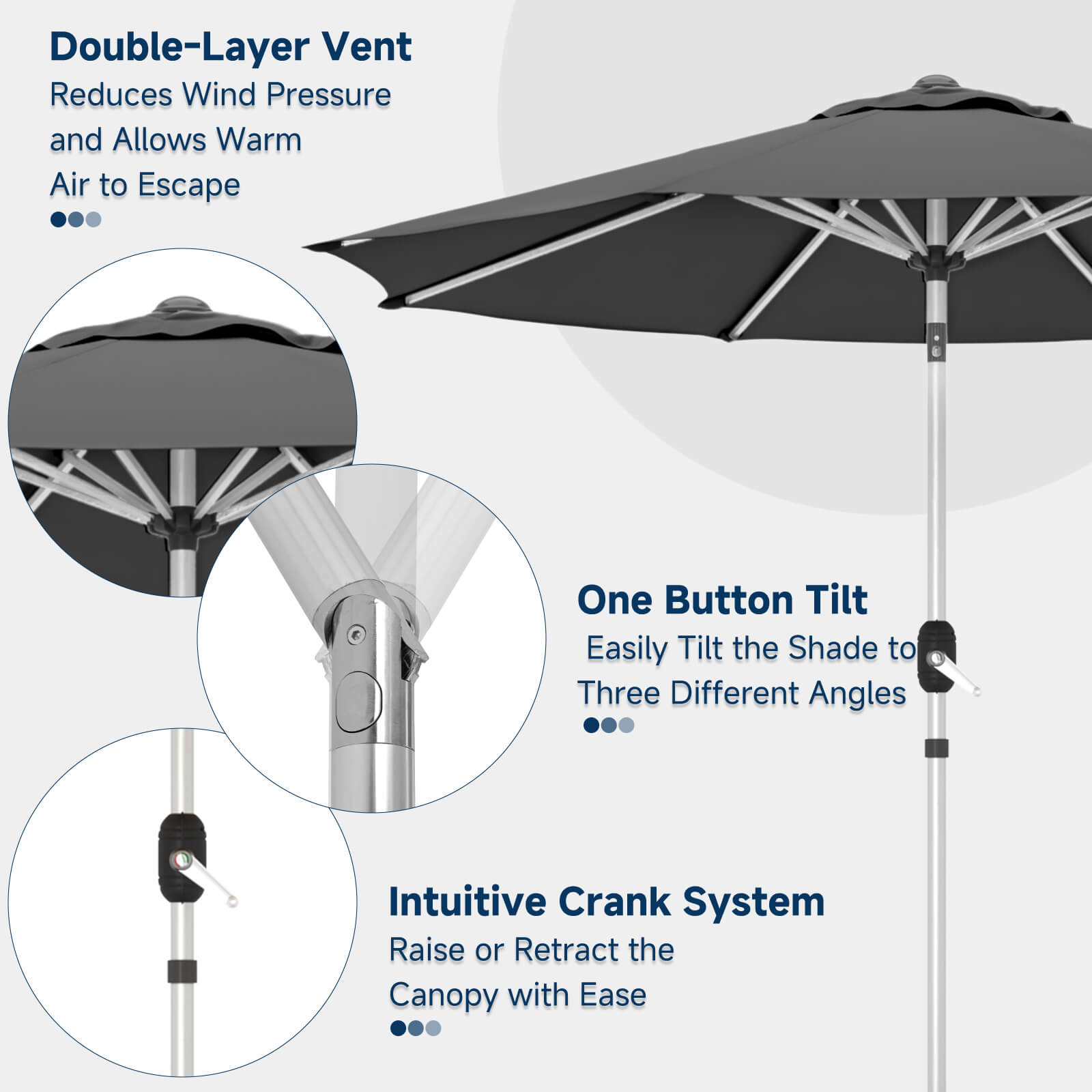 Homrest 9FT Aluminum Patio Umbrella, Fade-Resistant with Push Tilt, 8 Sturdy Aluminum Ribs Grey